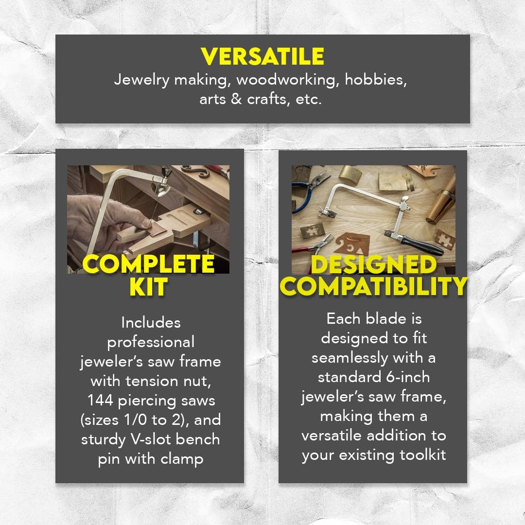 SE 3-in-1 Professional Jeweler's Saw Set - Saw Frame, 144 Blades, and V-Slot Bench Pin with Clamp - Versatile Tools for Precise Jewelry Making