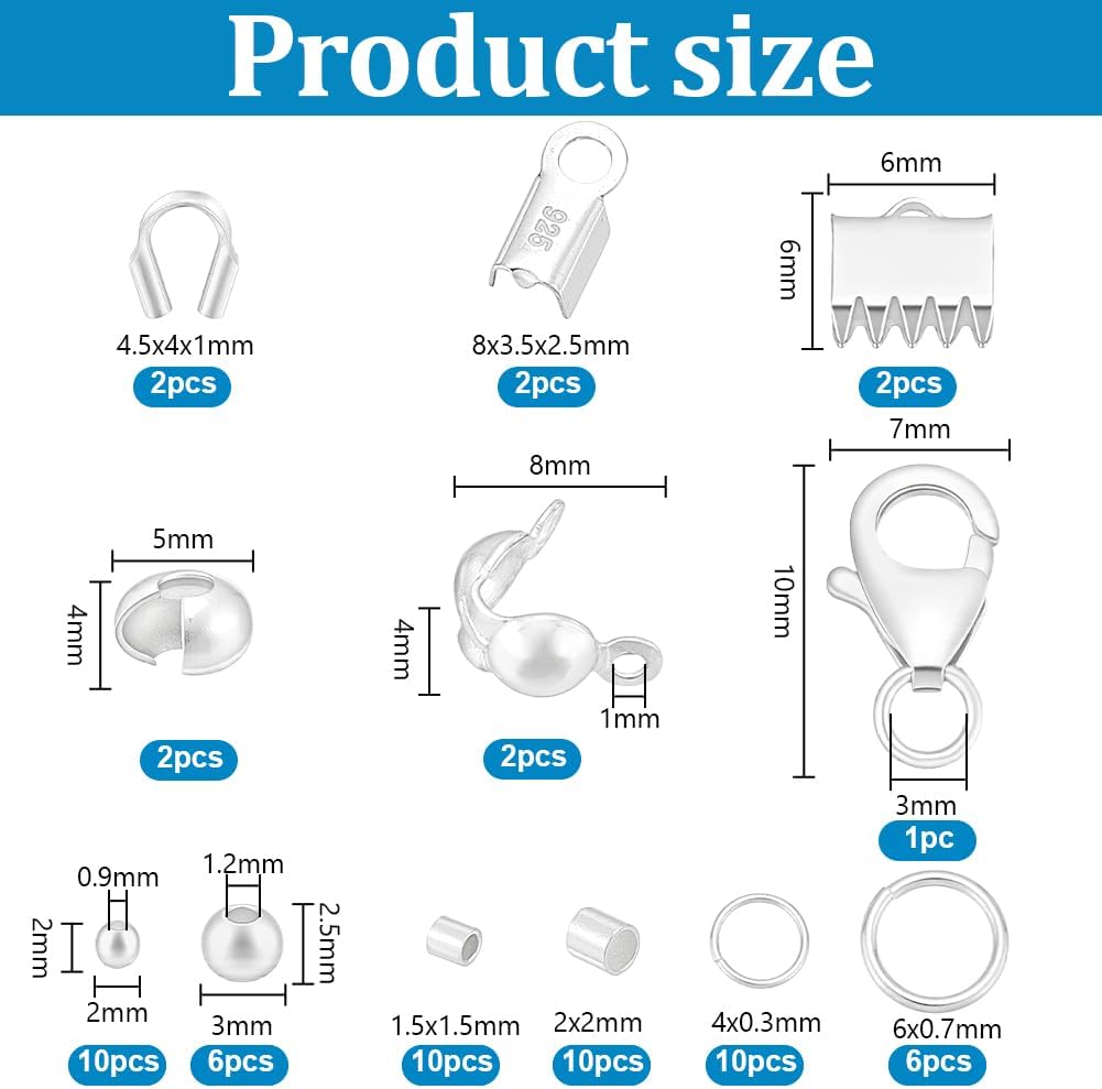 Alternative view of PH PandaHall 63pcs Sterling Silver Crimp Beads Supplies for Jewelry Making 12 Styles Jewelry Findings Kits Bracelet Clasps Crimp Ends for DIY Crafts Jewelry Bracelets Necklaces Making