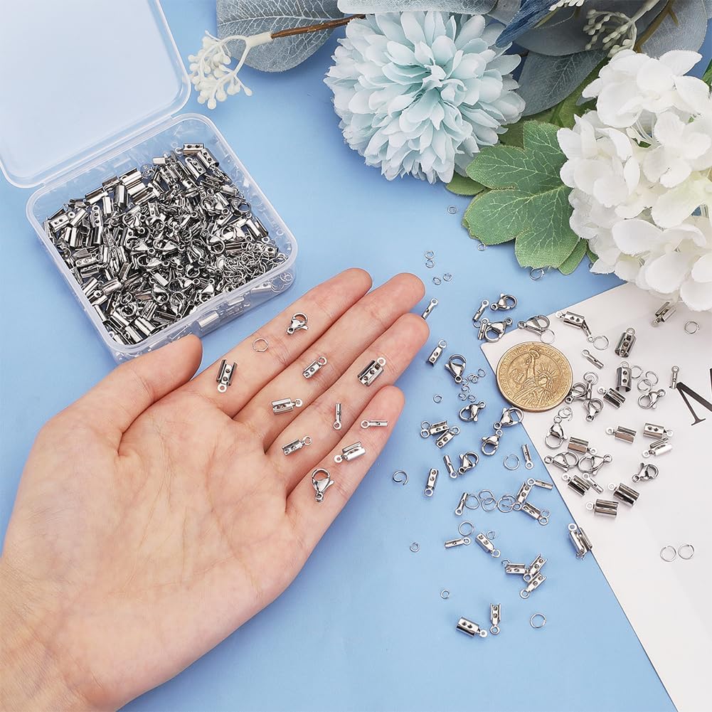 PH PandaHall Jewelry Making Kit, 200 pcs 304 Stainless Steel Fold Over Crimp Cord Ends 200 pcs Jump Rings 50 pcs Lobster Claw Clasps for Earring Bracelet Necklace Jewelry DIY Craft Making, 450 Pcs/Set