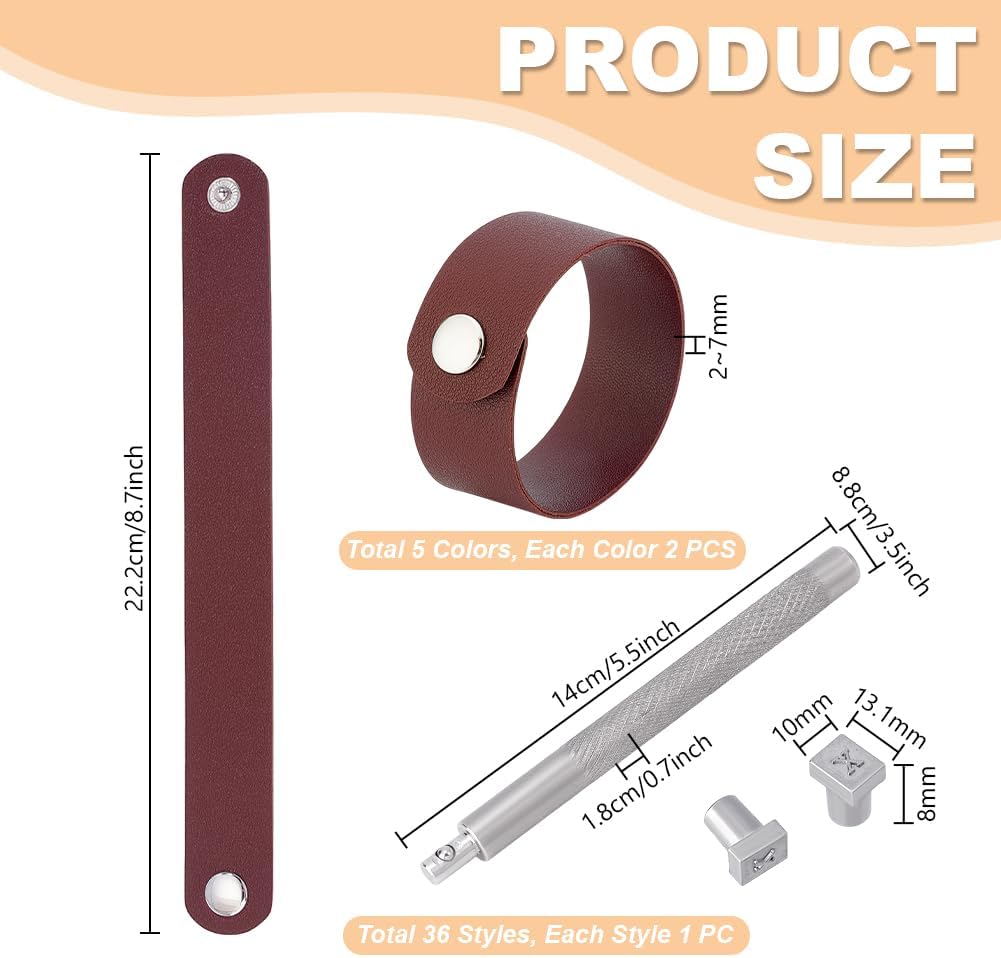 PH PandaHall 36pcs Leather Stamping Tools Letter Number Stamping Punches 13x10mm Leathercraft Metal Stamp with 10pcs 5 Colors Snap Bracelets Blank Bracelet Making Kits for DIY Craft Jewelry Making