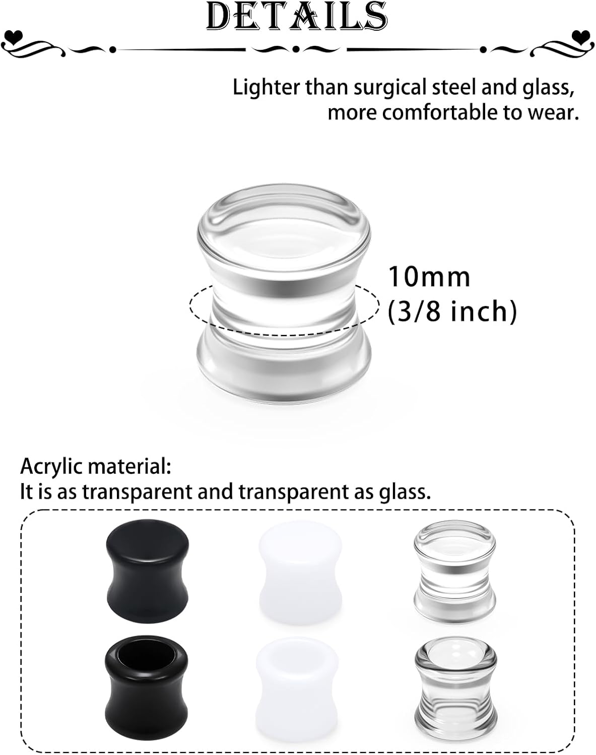 Alternative view of Qiwnswoy Ears Gauges Tunnels Plugs for Women Acrylic Solid Tunnel Ear Gauge Stretching Kit 6G to 1 1/4 Inch (4MM- 30MM) Expander Stretcher Plug Earrings Piercing Jewelry for Women Black White Clear