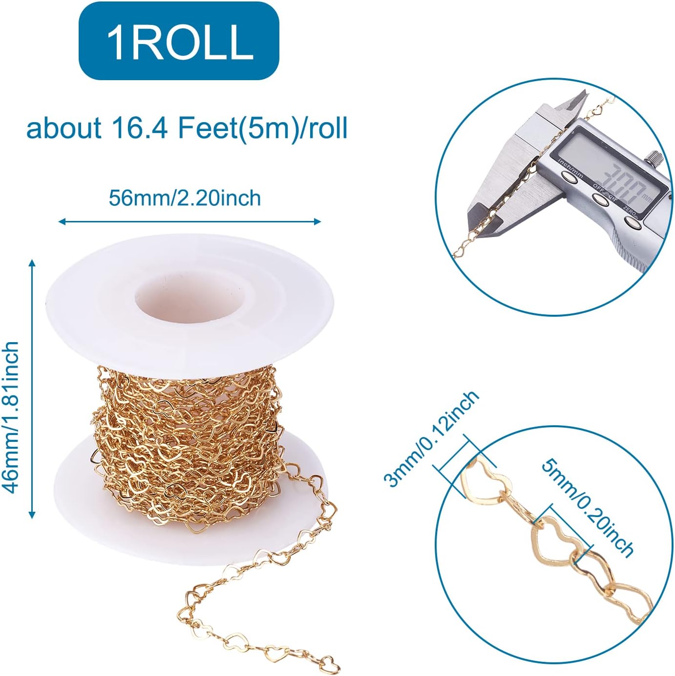 Pandahall 16.4 Feet 18K Gold Plated Brass Heart Link Chains 3x5x0.5mm Soldered Brass Cable Chains with Spool for Bracelet Necklace Jewelry Making