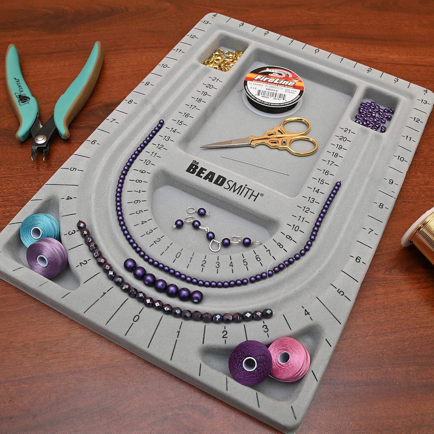 The Beadsmith Bead Board with Cover, Grey Flocked, 3 U-Shaped Channels, 6 Recessed Compartments,13.25H x 9.75L inches, Design Boards for Creating Bracelets, Necklaces and Other Jewelry