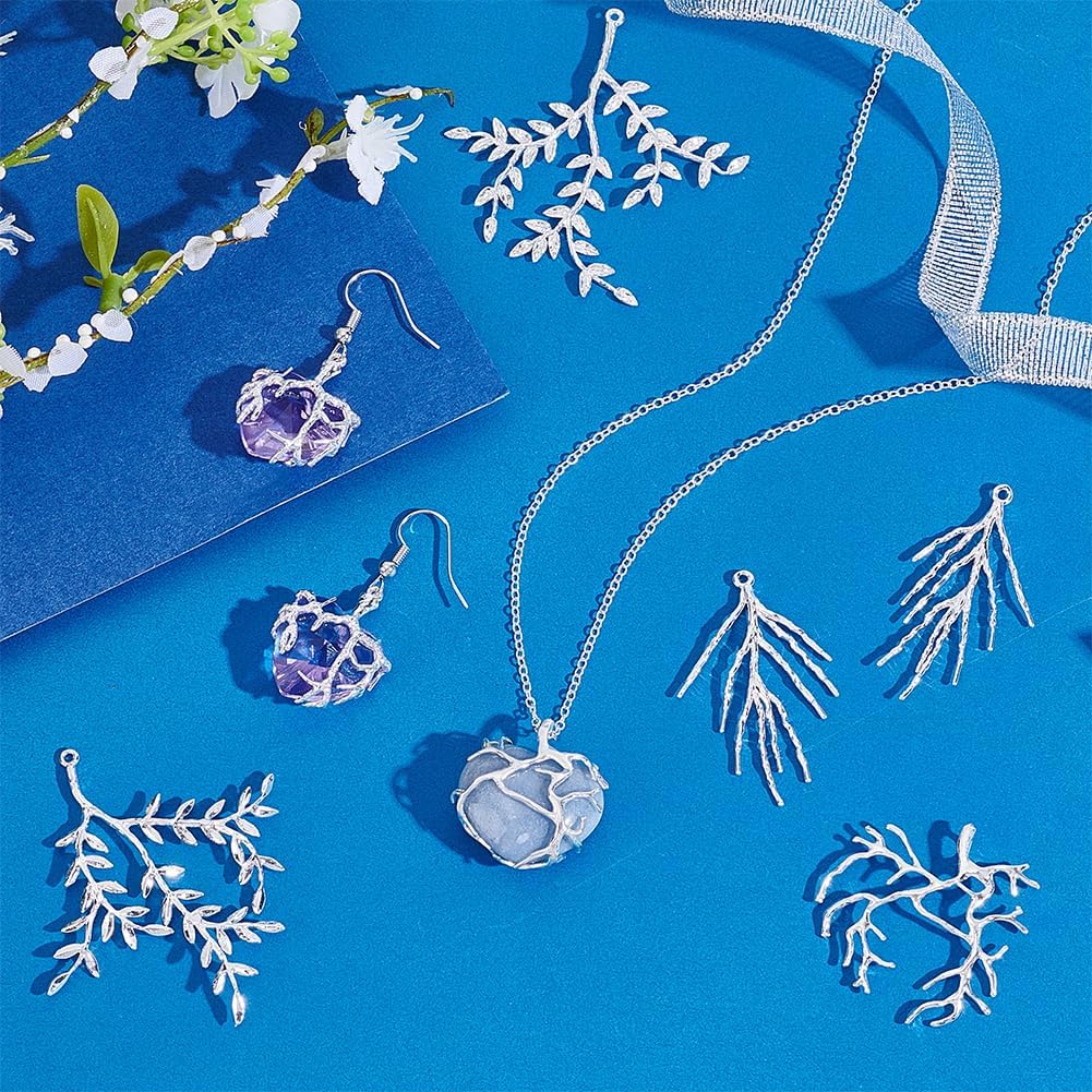 PH PandaHall 8pcs 4 Styles Branch Shape Blanks, Brass Pendant Trays Bezel Metal Claw Cage Pendant Frames Pendants Holder for Irregular Gemstone Cabochons Rhinestones DIY Jewelry Making, Silver