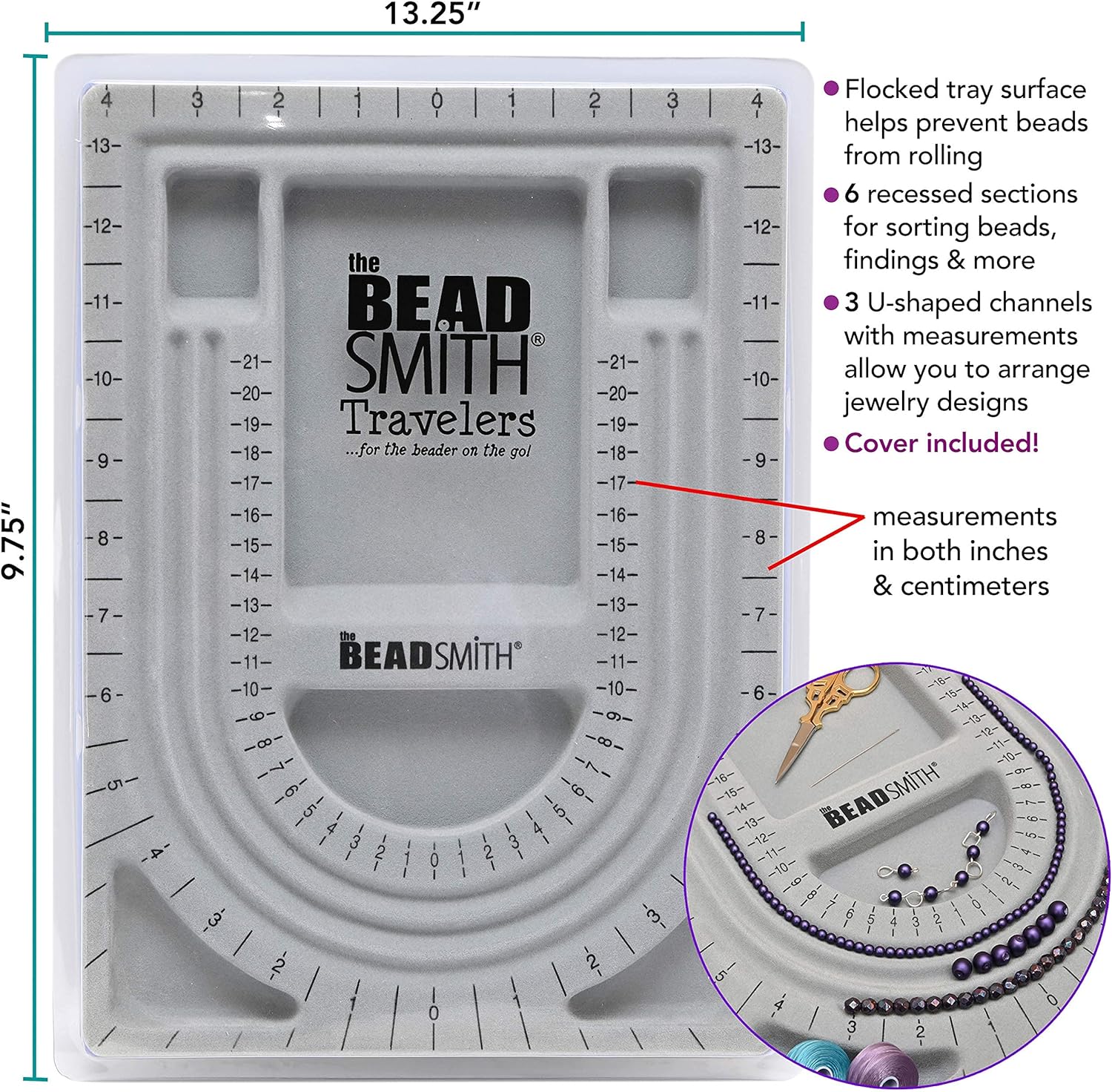 Alternative view of The Beadsmith Bead Board with Cover, Grey Flocked, 3 U-Shaped Channels, 6 Recessed Compartments,13.25H x 9.75L inches, Design Boards for Creating Bracelets, Necklaces and Other Jewelry