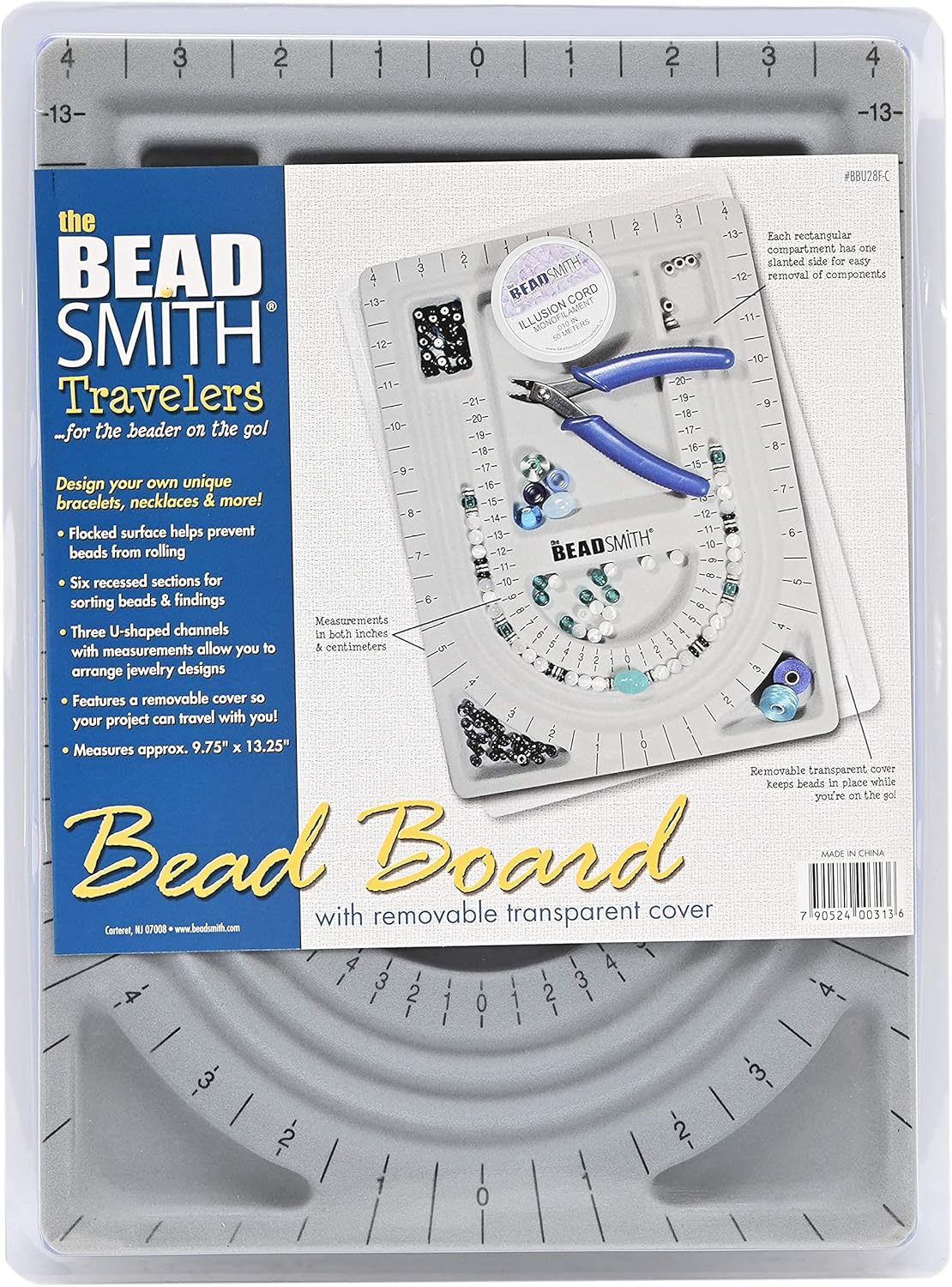 The Beadsmith Bead Board with Cover, Grey Flocked, 3 U-Shaped Channels, 6 Recessed Compartments,13.25H x 9.75L inches, Design Boards for Creating Bracelets, Necklaces and Other Jewelry - Image 8