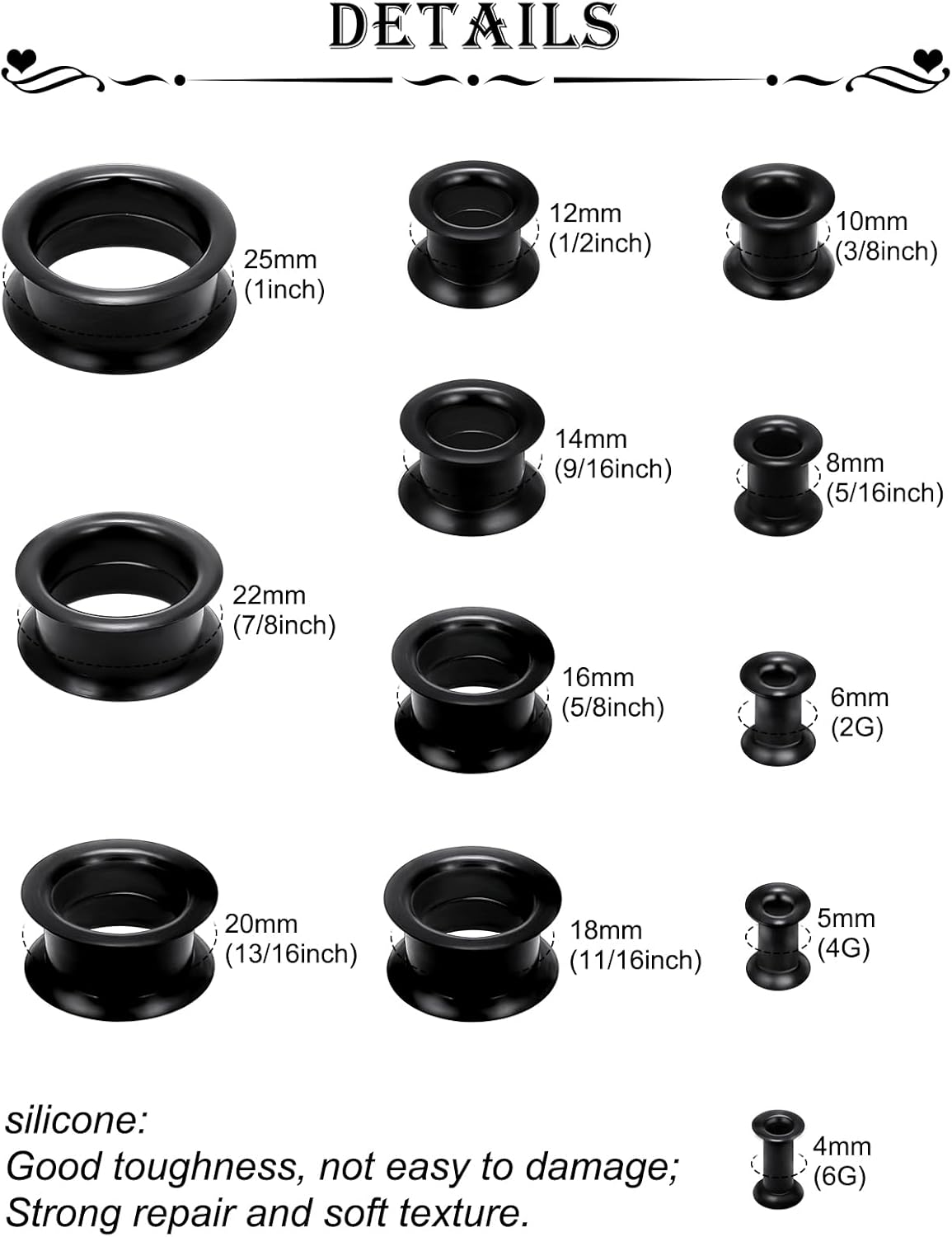 Alternative view of Qiwnswoy Ears Gauges Tunnels Plugs for Women Double Flared Silicone Ear Gauge Stretching Kit 6G to 1" (4MM- 25MM) Expander Stretcher Plug Earrings for Piercing Jewelry for Women (Black White Clear)