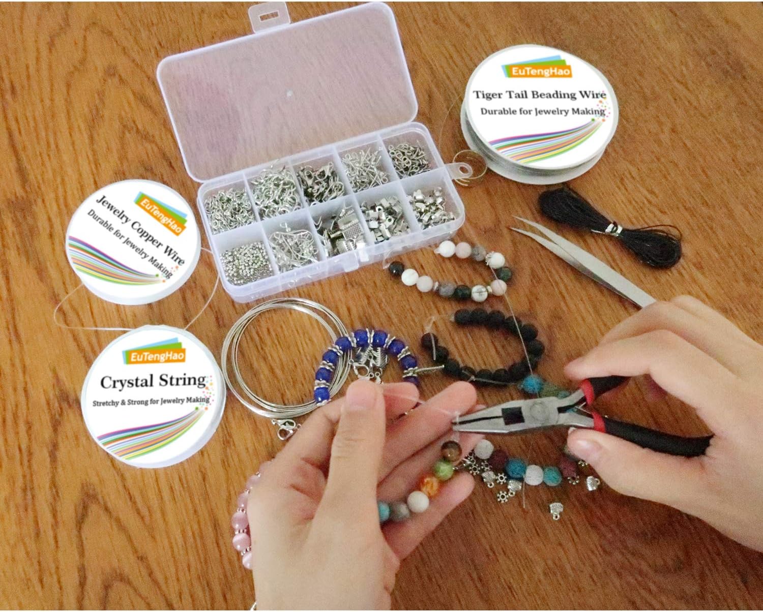 EuTengHao Jewelry Making Kit with Pliers, Wires, Jump Rings, Clasps, Cord and More for Jewelry DIY Crafts - Silver