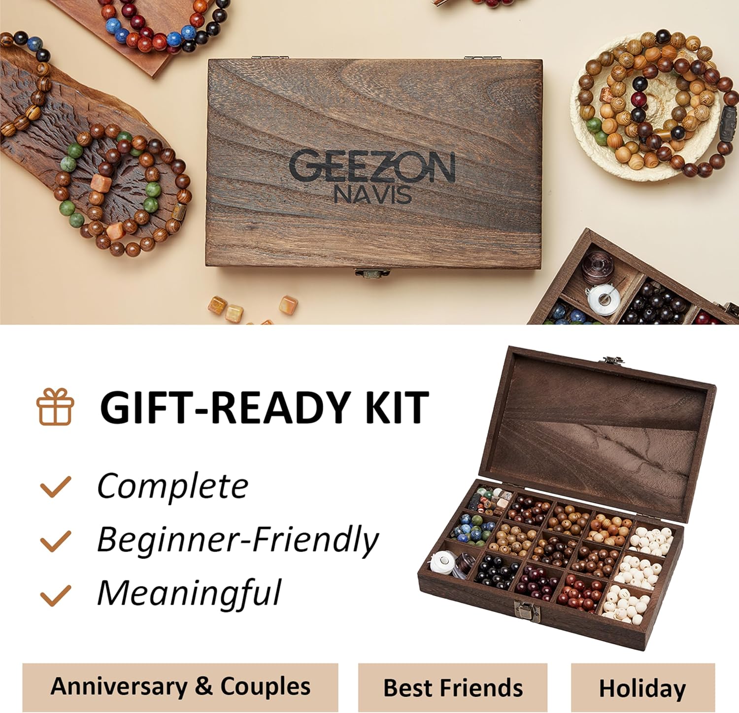 Geezon Navis Bracelet Making Kit - 10mm Natural Wooden Beads with Letters & Stone Beads - 296pcs in 16 Colors - DIY Jewelry Making Starter Kit Adult Men Women Birthday Gift Craft
