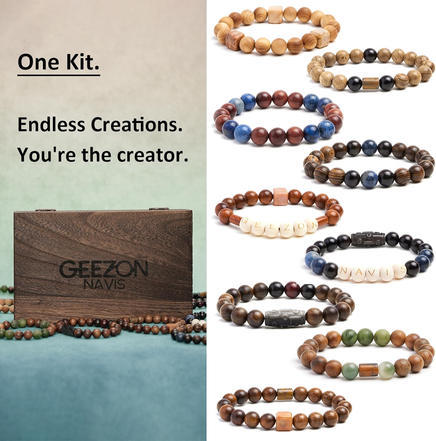 Geezon Navis Bracelet Making Kit - 10mm Natural Wooden Beads with Letters & Stone Beads - 296pcs in 16 Colors - DIY Jewelry Making Starter Kit Adult Men Women Birthday Gift Craft - Image 4