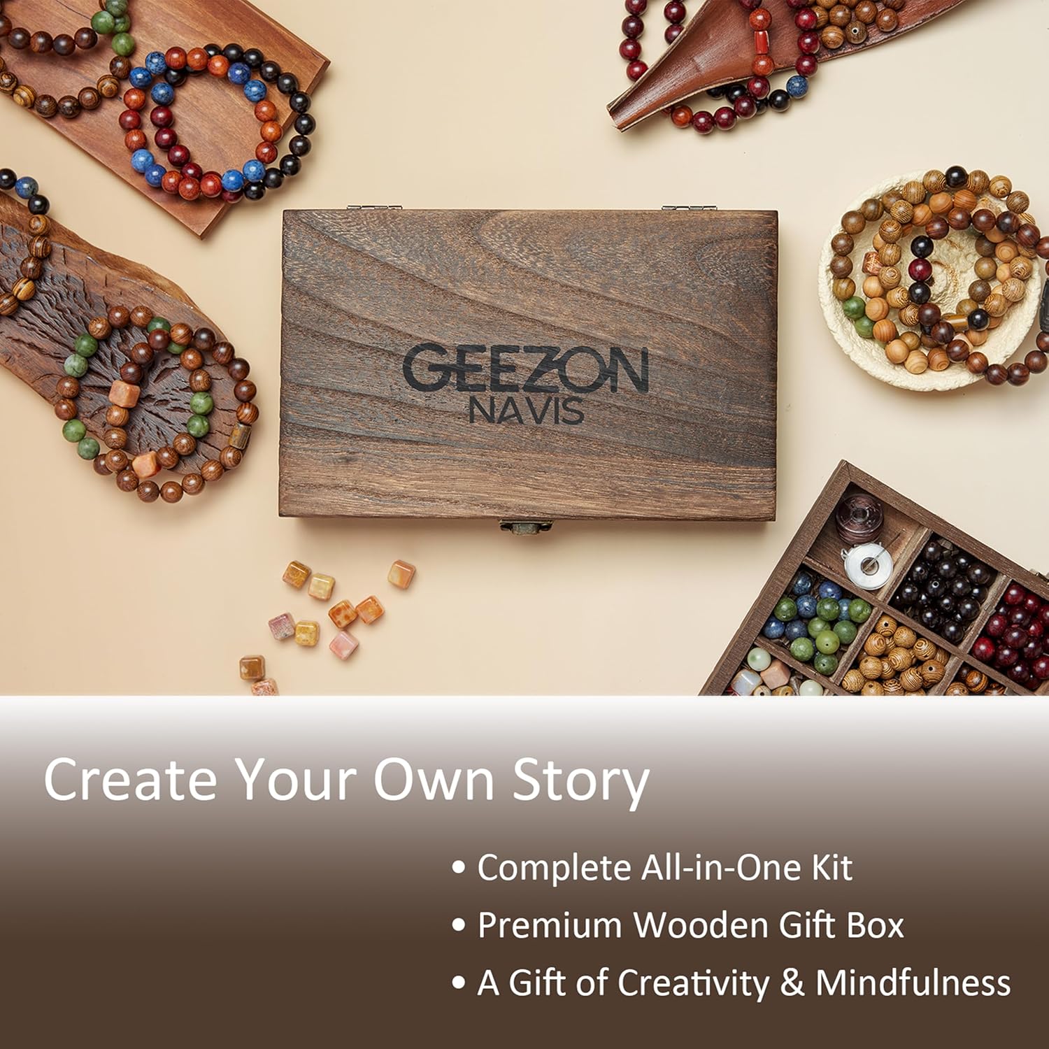 Geezon Navis Bracelet Making Kit - 10mm Natural Wooden Beads with Letters & Stone Beads - 296pcs in 16 Colors - DIY Jewelry Making Starter Kit Adult Men Women Birthday Gift Craft - Image 5