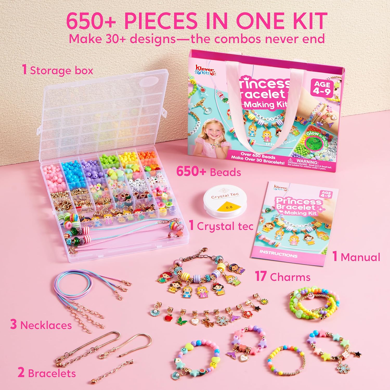 Klever Kits Princess Bracelet Making Kit, Jewelry Making Kit, Bracelets for Girls, Crafts for Kids, 4 Year Old Girl Birthday Gifts, Over 650 Beads, Make 30+ Designs by JOVA - Image 3