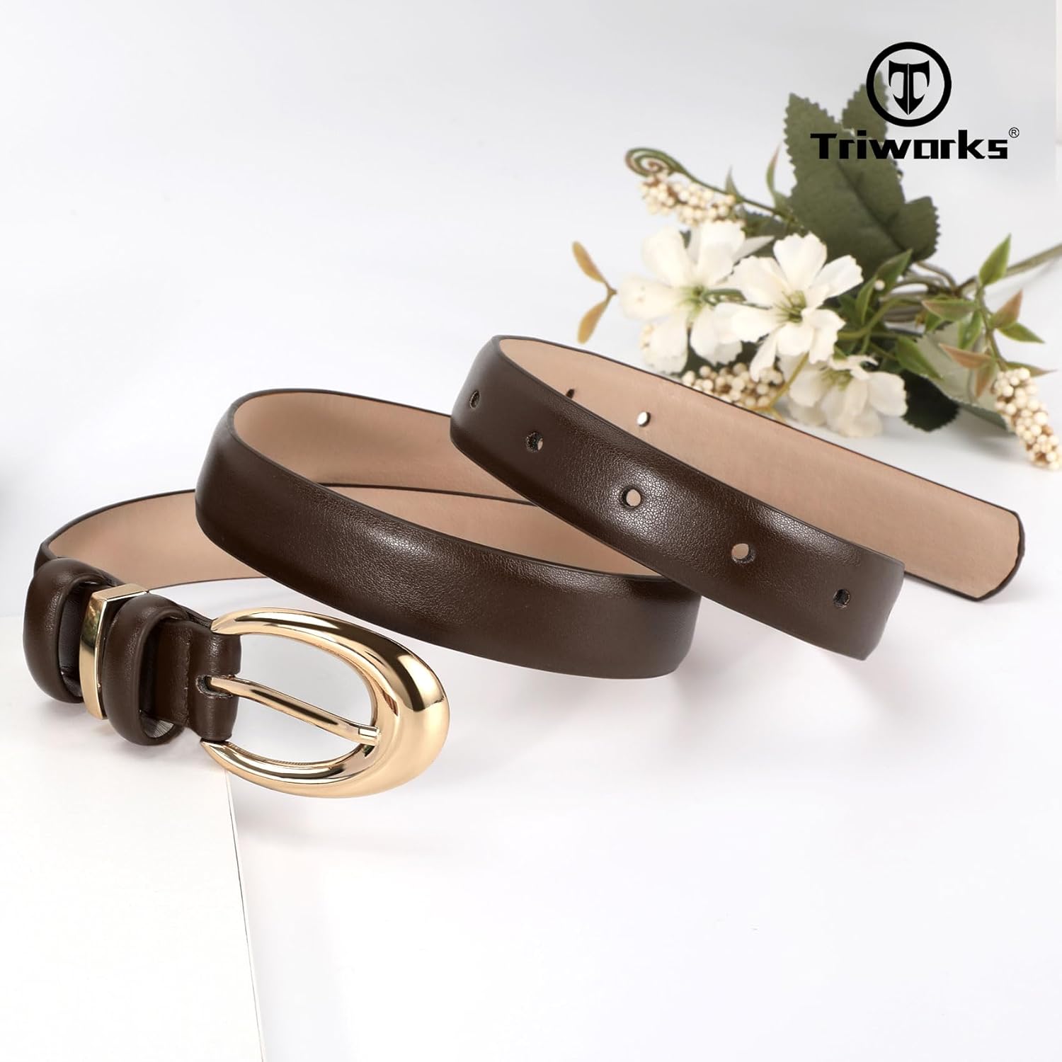 TRIWORKS 2 Pack Women Leather Belt for Jeans Pants Fashion Ladies Skinny Faux Leather Belt with Gold Buckle - Image 3