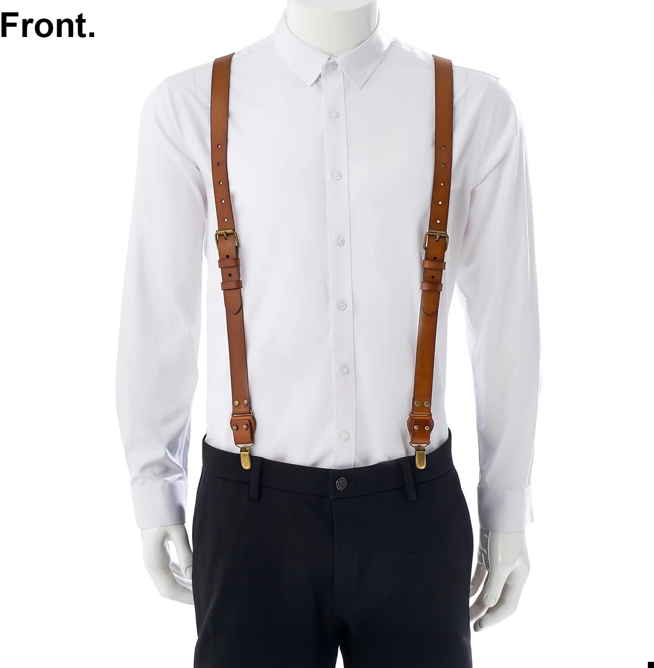 UPSONG Genuine Leather Suspenders for Men Adjustable Braces with 4 Strong Clips Brown Leather Gifts for Men