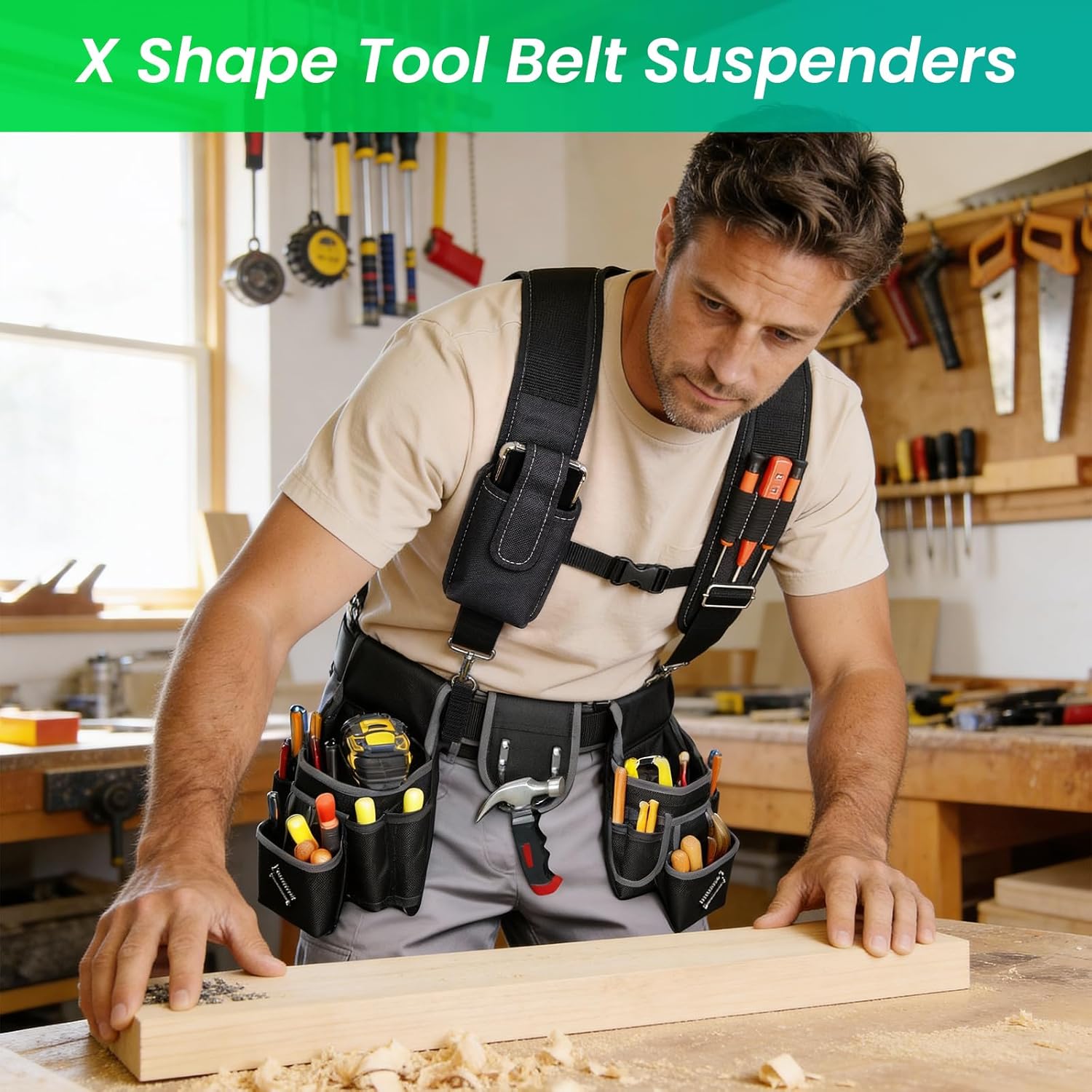 Tool Belt Suspenders, Padded Tool Bag Suspender for Men X Shape Heavy Duty Adjustable Work Belt Suspenders with Loops for Construction, Carpenter, Electricians, Framers