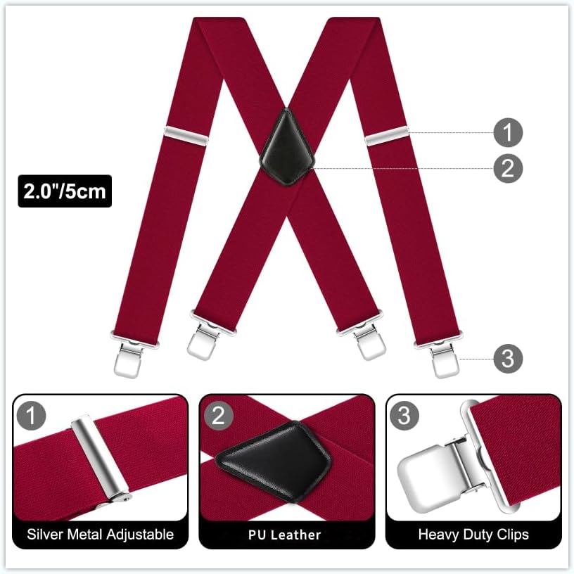 Men's Suspenders Heavy Duty Suspenders for Men Braces 2 inch Wide Clips High Elastic X Style Adjustable Work Suspenders