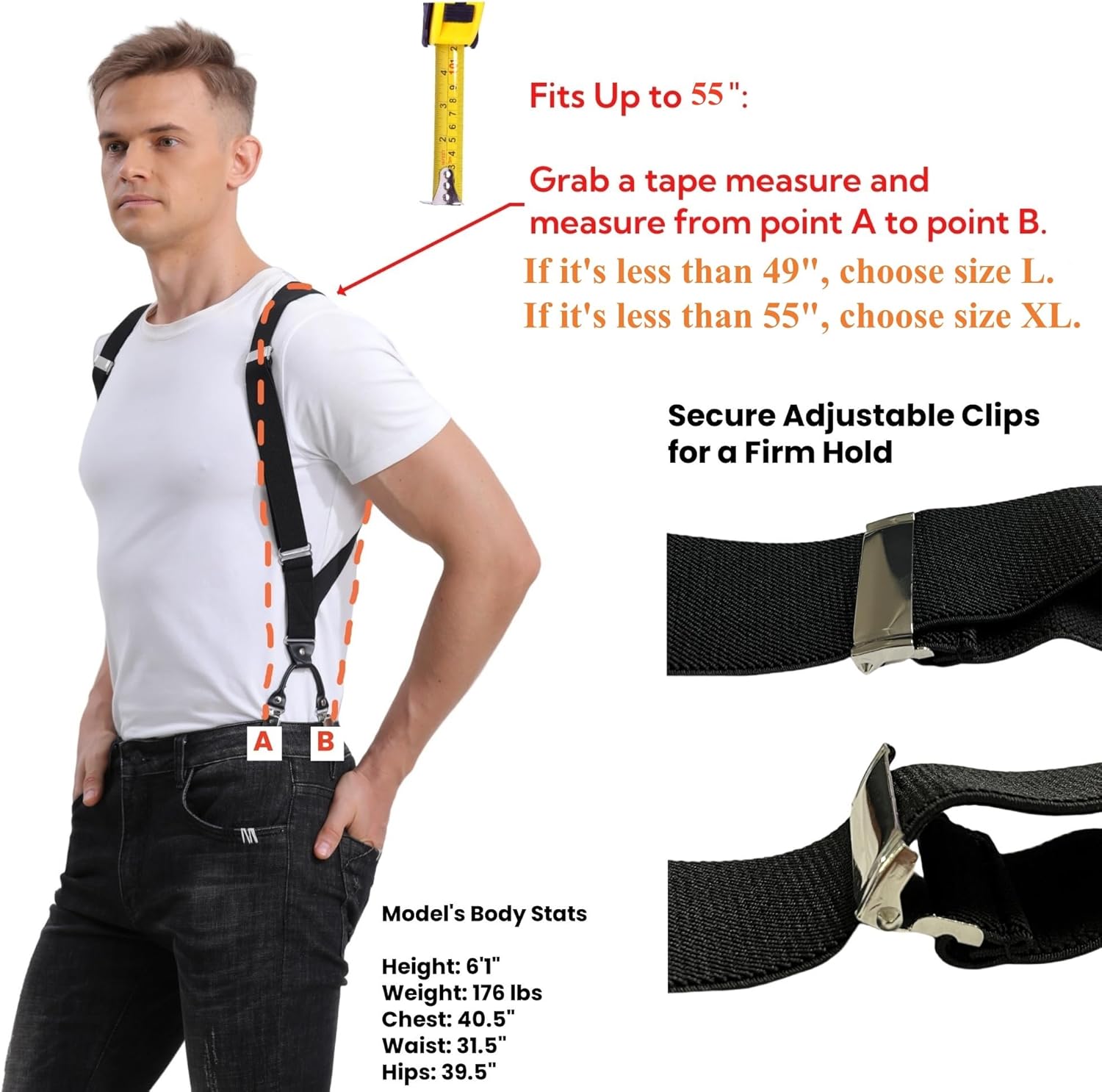 LazarsSpace Men's Side Suspenders with Dual Clips Per Side - Secure Fit, Ultimate Comfort, and Belly Relief