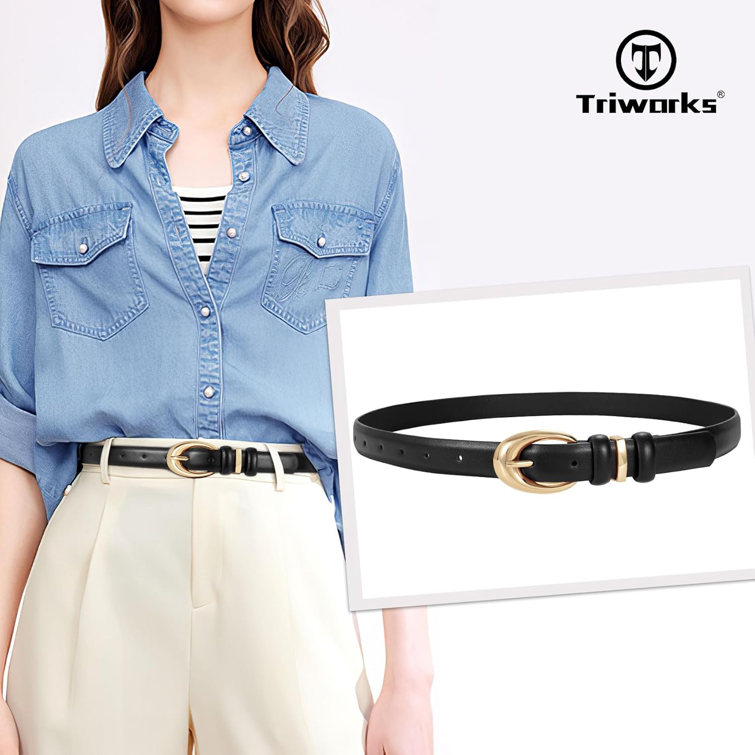 TRIWORKS 2 Pack Women Leather Belt for Jeans Pants Fashion Ladies Skinny Faux Leather Belt with Gold Buckle
