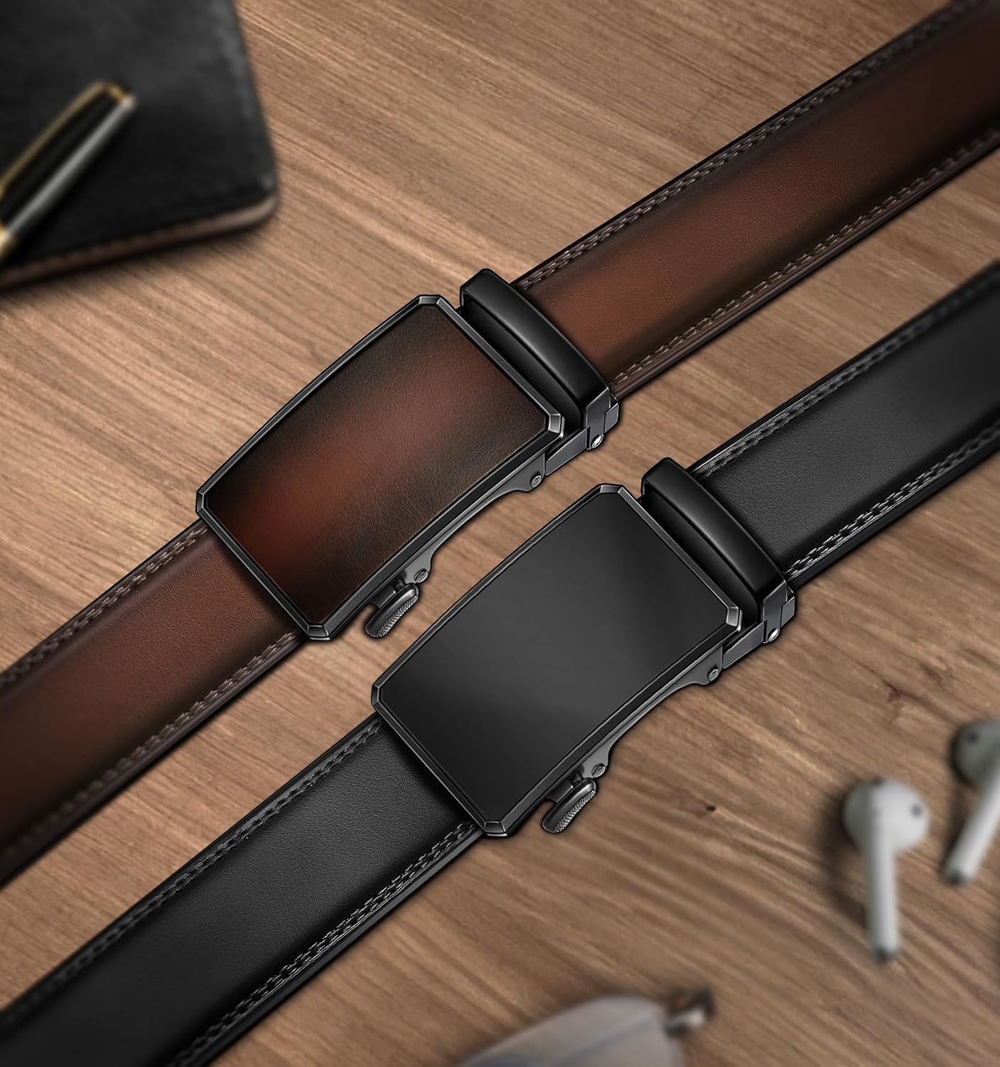 KEMISANT Men Belt 2 Pack, Leather Ratchet Belt Easy Click Slide For Men 1 3/8",Cut for Fit