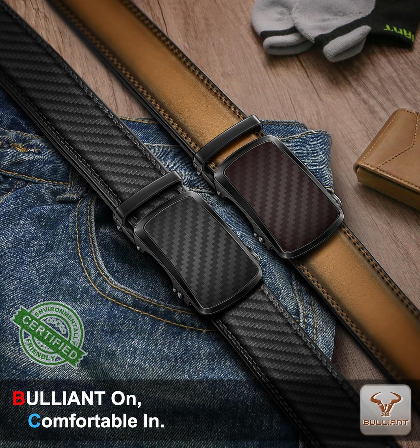 BULLIANT Men's Ratchet Belt 2 Pack-Click Leather Belt Adjustable for Men Gift 1 3/8-Cut for Perfect Fit