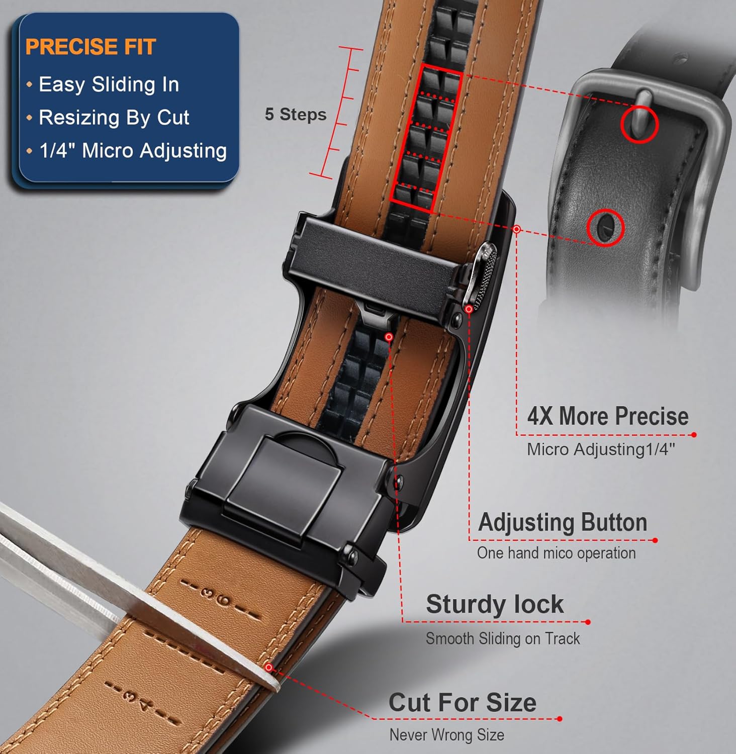 Alternative view of BULLIANT Men's Ratchet Belt 2 Pack-Click Leather Belt Adjustable for Men Gift 1 3/8-Cut for Perfect Fit