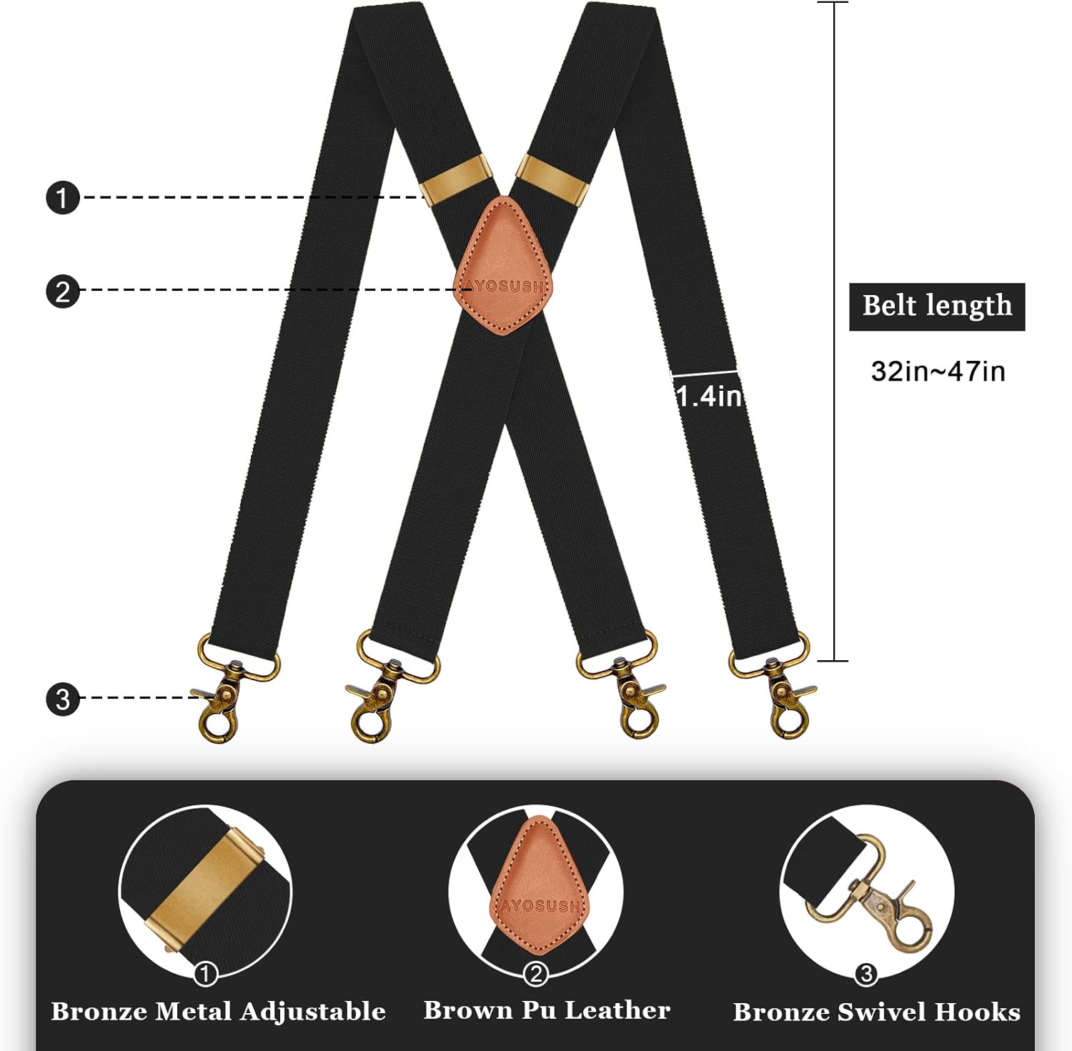 AYOSUSH Vintage Suspenders for Men Heavy Duty 4 Snap Hooks for Belt Loops Adjustable X Back
