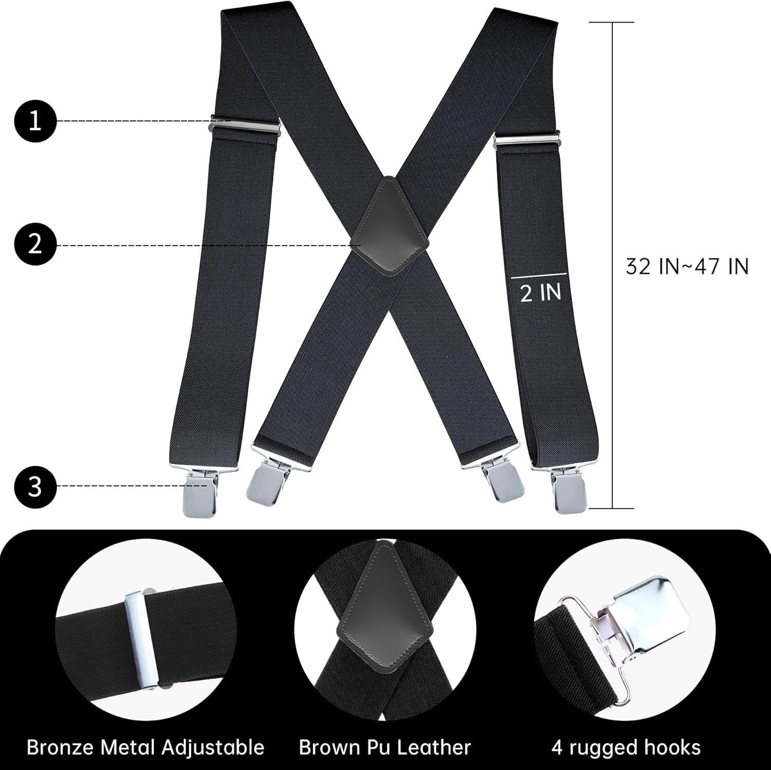 CADONO Men's 2 Inch Heavy Duty Suspenders，Adjustable X-Back with Strong Clips for Work, Jeans, and More