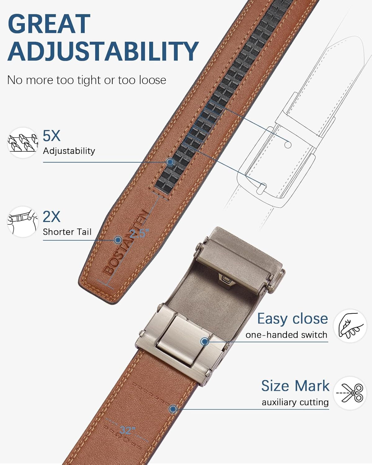 Alternative view of BOSTANTEN Mens Belt Leather Ratchet Belt For Men Dress and Casual with Adjustable Buckle, Trim to Fit