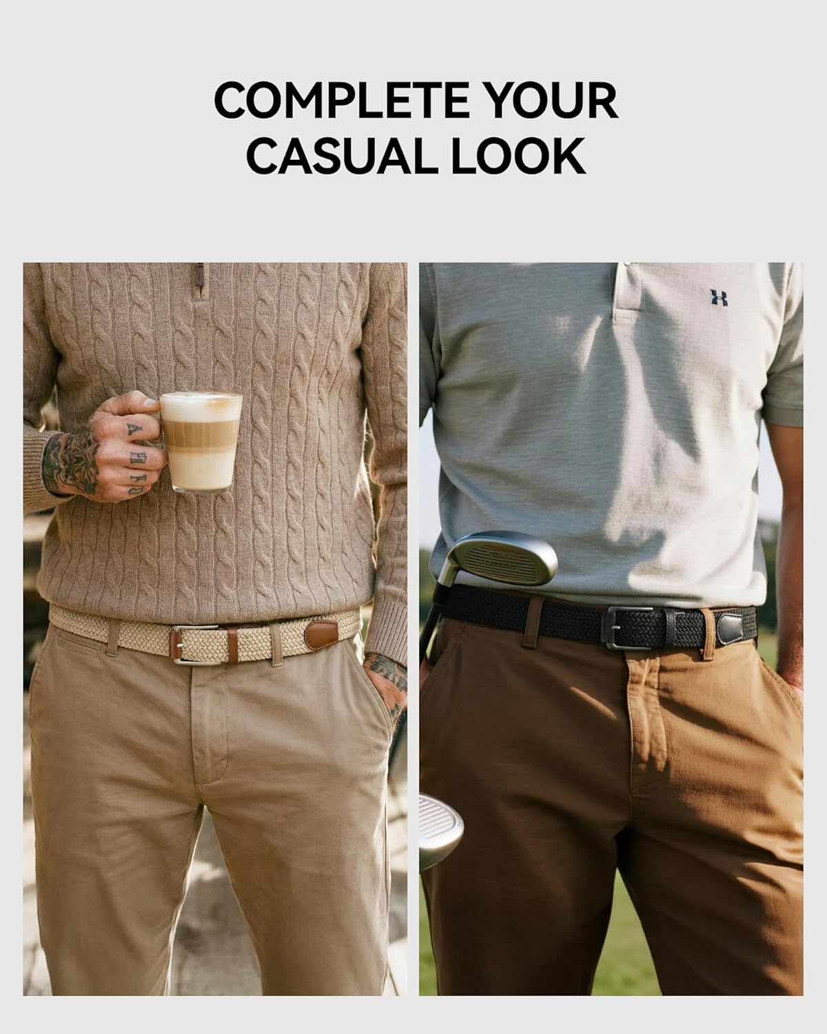 CHAOREN Stretch Belt Men 2 Pack - 1 3/8" Braided Golf Belts For Men - Casual Elastic For Pants and Jeans