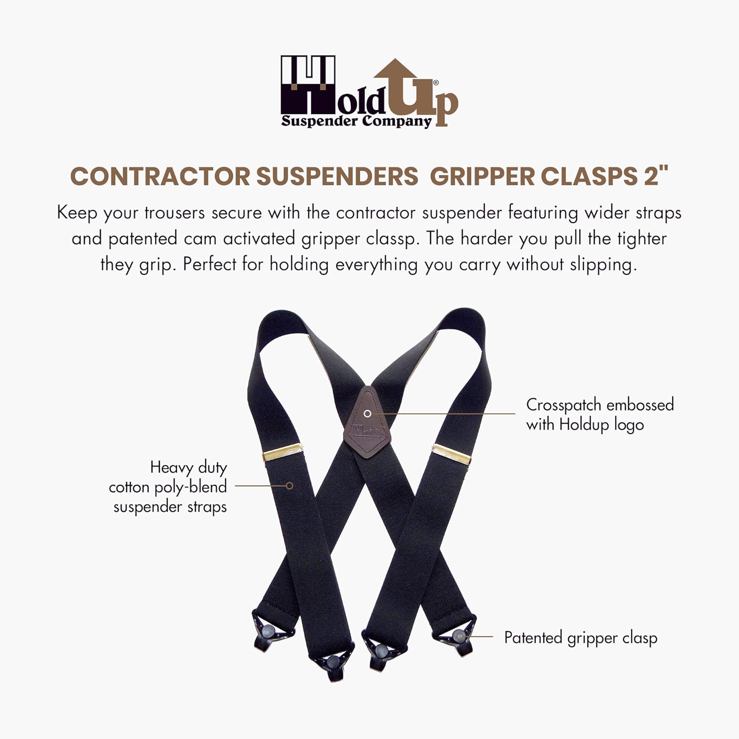 Holdup 2" Wide Contractor Suspenders for Men with Patented Composite Plastic Gripper Clasps