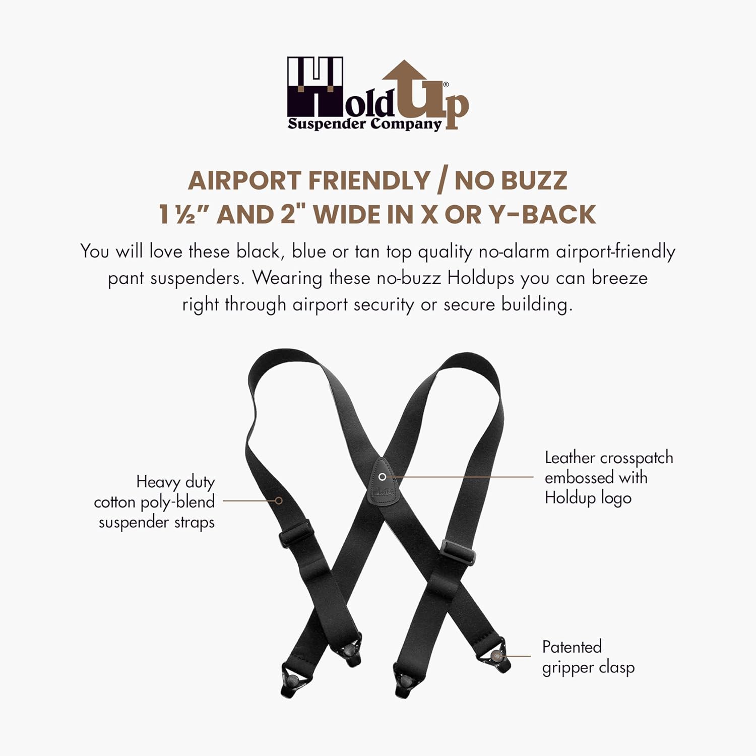 Holdup Airport Friendly/No Buzz Suspenders with the USA patented Composite plastic gripper clasp