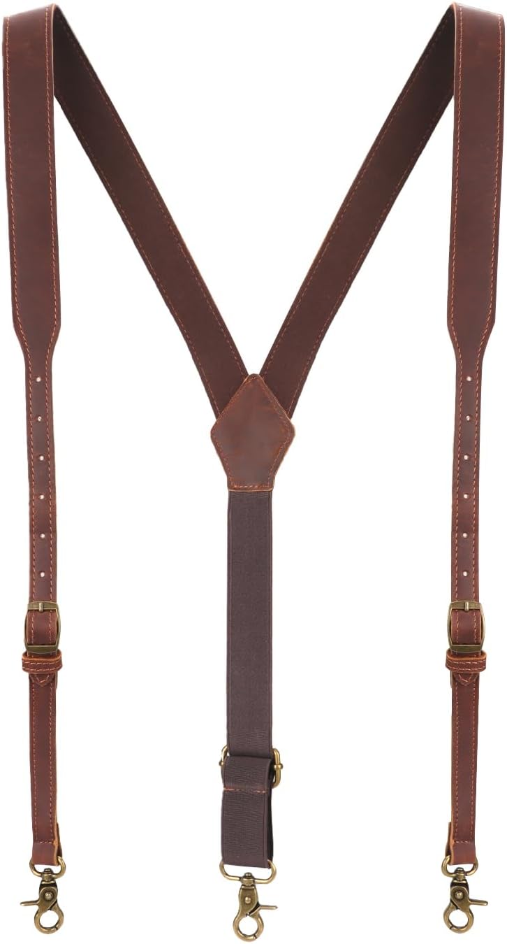 Alternative view of Tourbon Genuine Leather Suspenders for Men Heavy Duty Y Back Design Adjustable Straps with 3 Metal Snap Hooks, Brown