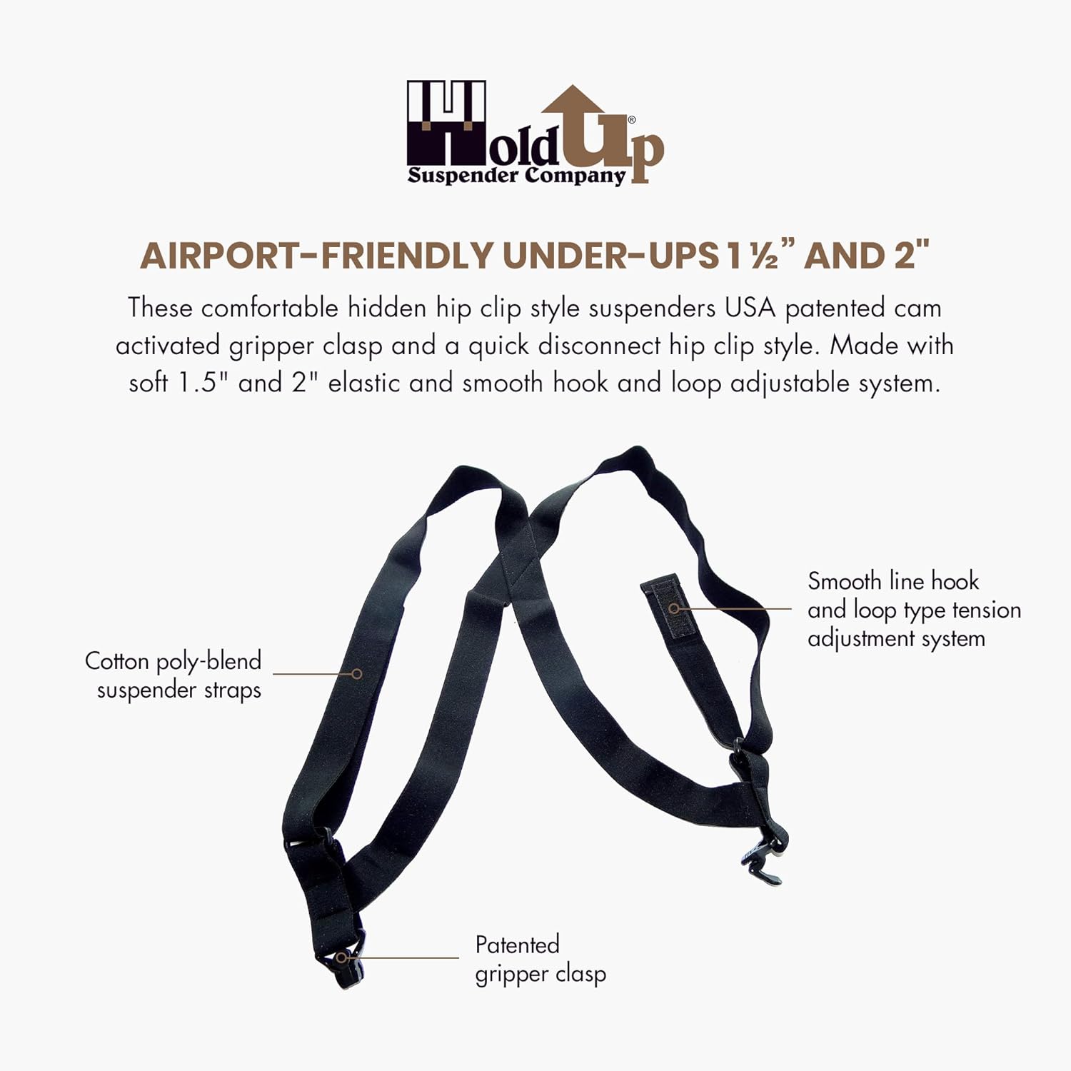 Holdup Hip-Clip Style Under-Ups Suspenders for Men with the Patented Composite Plastic Gripper Clasps or No-slip metal clips
