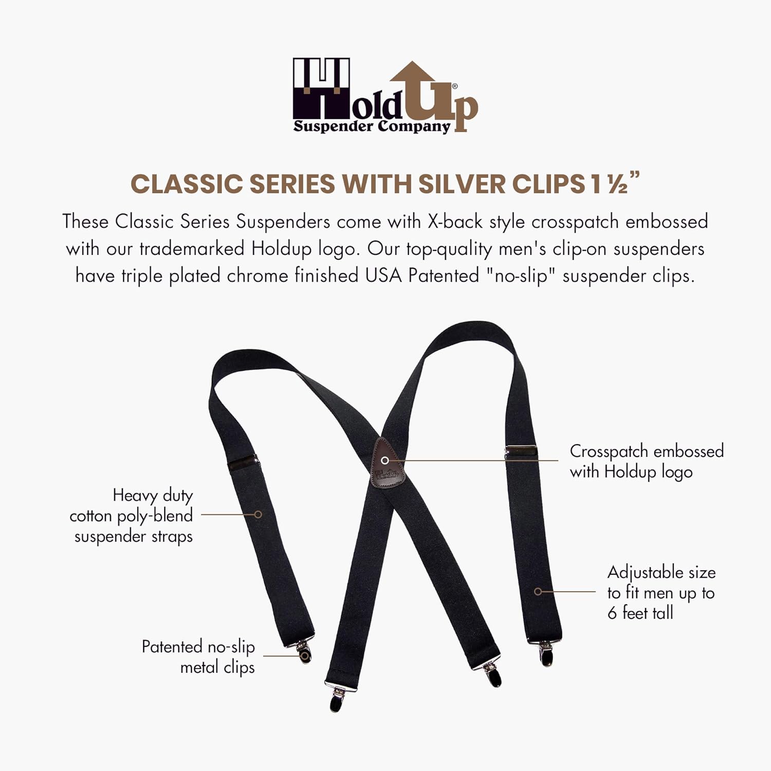 1 1/2" Wide Classic Series Holdups Suspenders for Men in X-back style w/USA Patented No-slip® Silver Clips