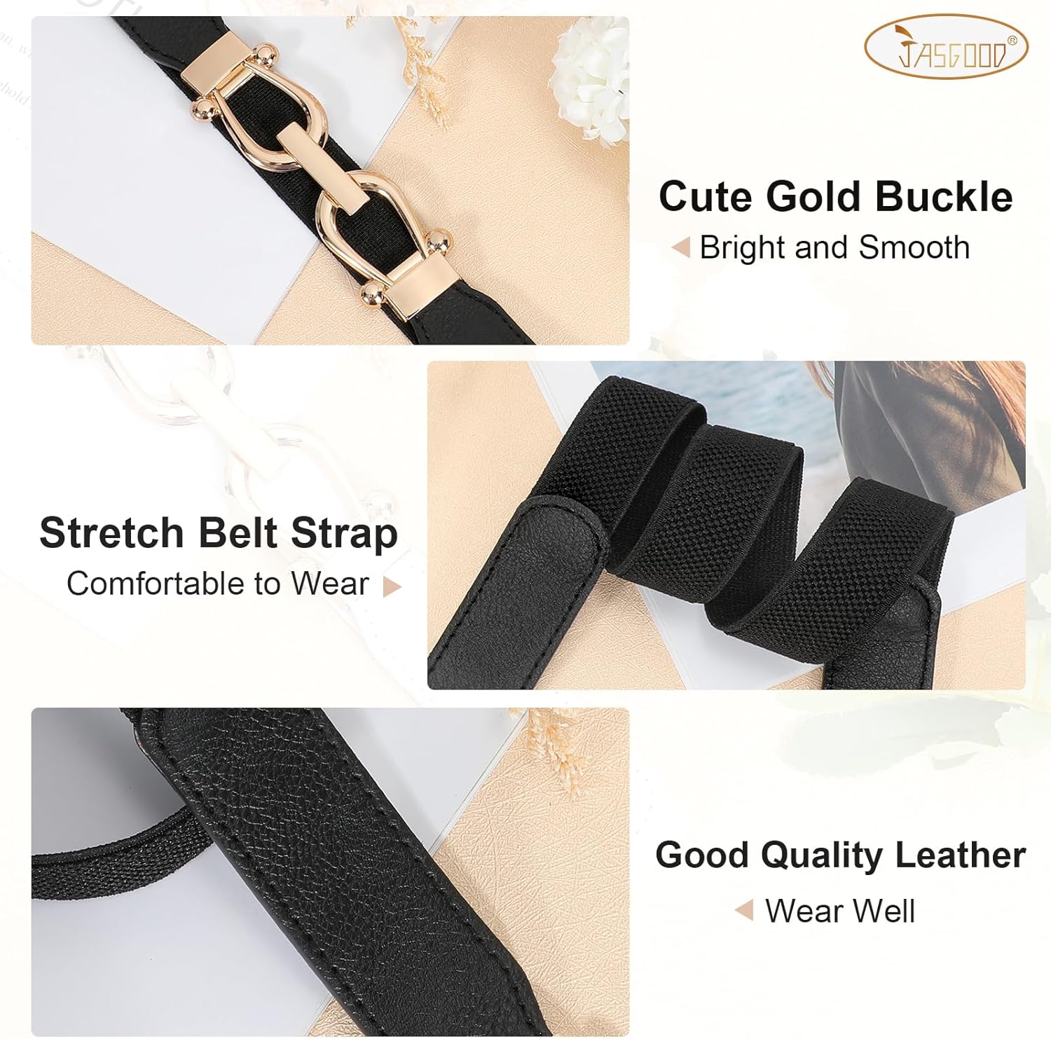 Alternative view of JASGOOD Women Stretchy Waist Belt Retro Elastic Skinny Belt for Ladies with Gold Buckle