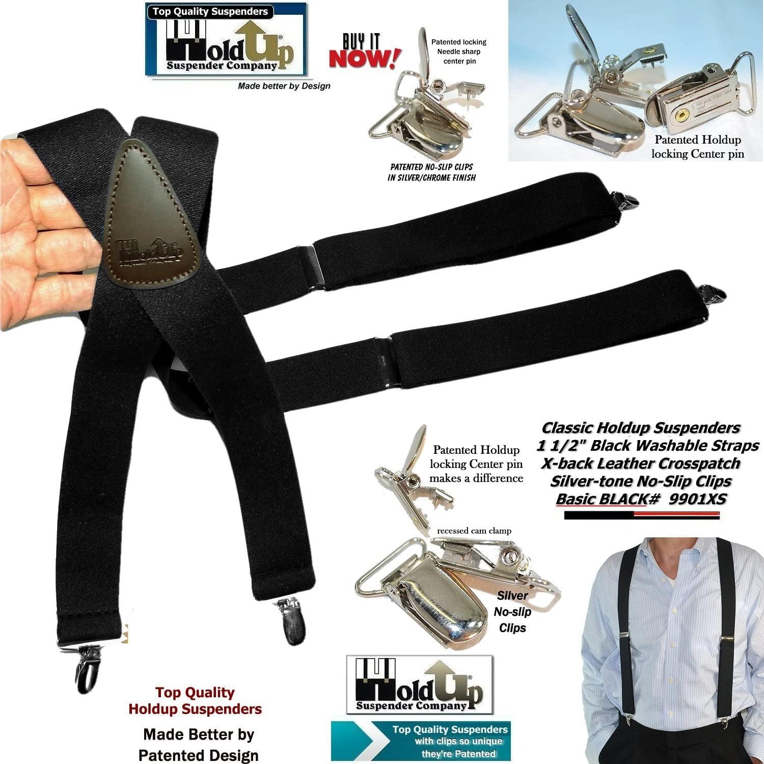 1 1/2" Wide Classic Series Holdups Suspenders for Men in X-back style w/USA Patented No-slip® Silver Clips - Image 3