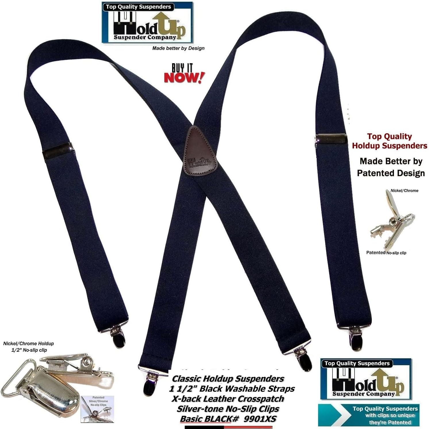 1 1/2" Wide Classic Series Holdups Suspenders for Men in X-back style w/USA Patented No-slip® Silver Clips - Image 4
