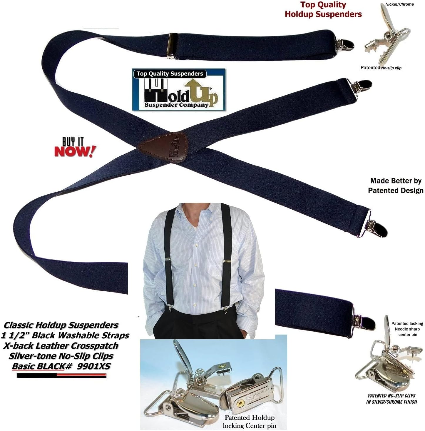1 1/2" Wide Classic Series Holdups Suspenders for Men in X-back style w/USA Patented No-slip® Silver Clips - Image 5