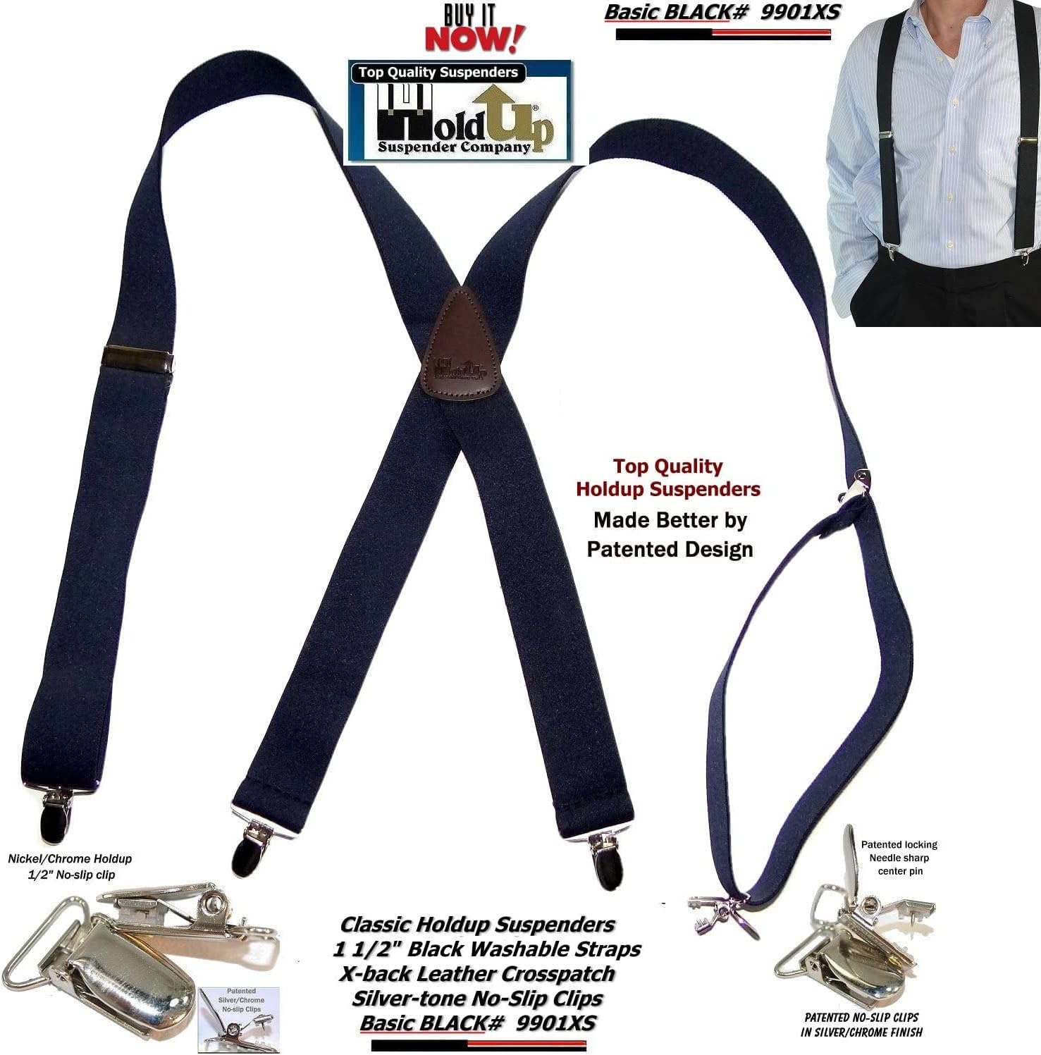 1 1/2" Wide Classic Series Holdups Suspenders for Men in X-back style w/USA Patented No-slip® Silver Clips - Image 6