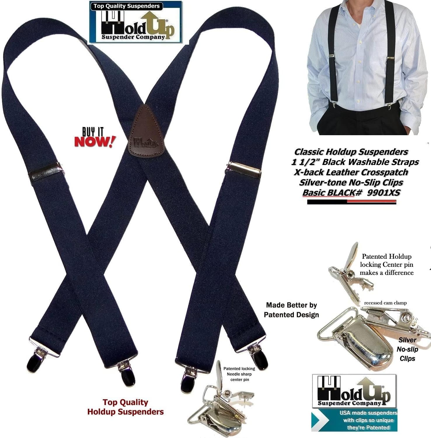 1 1/2" Wide Classic Series Holdups Suspenders for Men in X-back style w/USA Patented No-slip® Silver Clips - Image 7