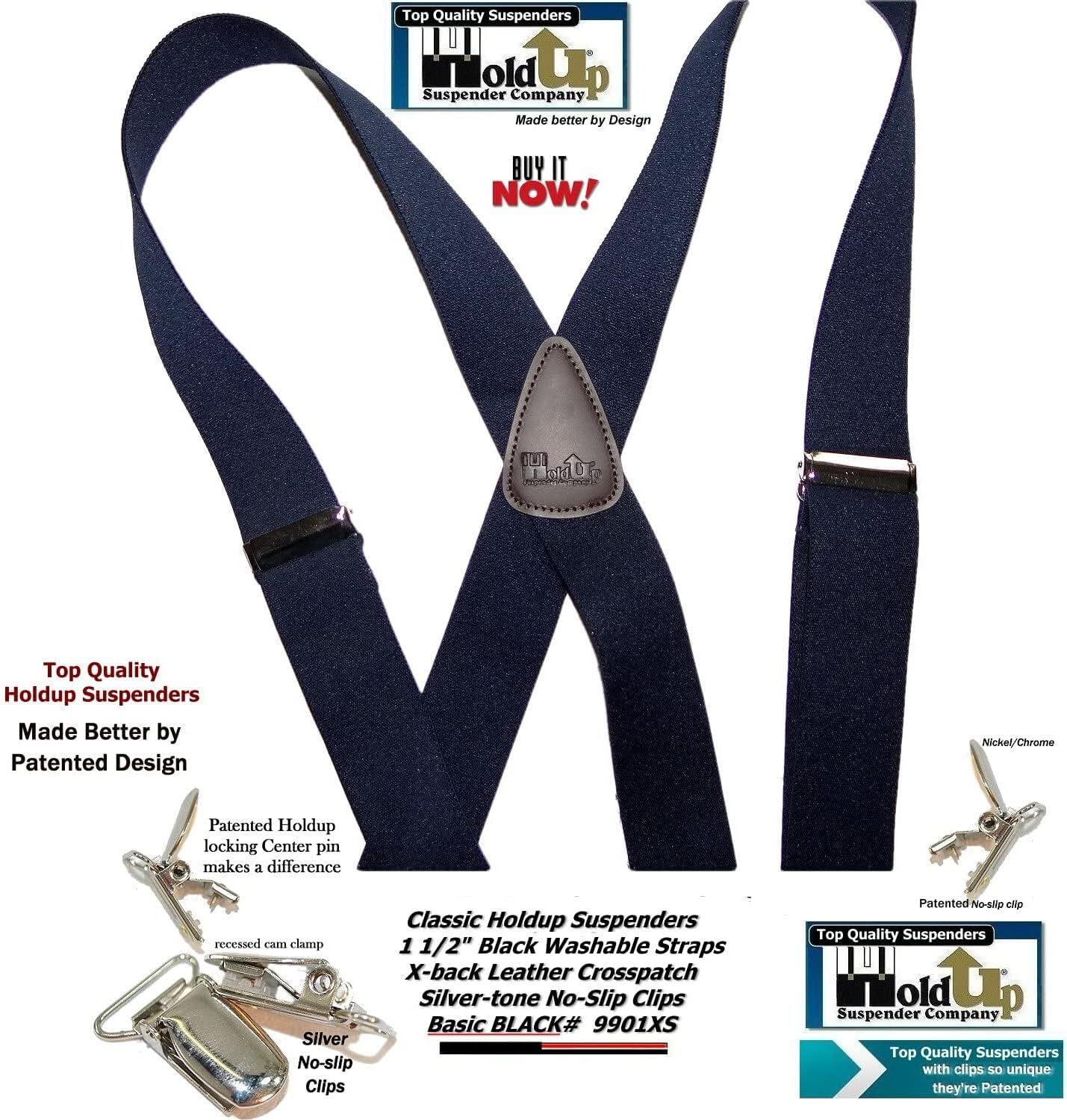 1 1/2" Wide Classic Series Holdups Suspenders for Men in X-back style w/USA Patented No-slip® Silver Clips - Image 8