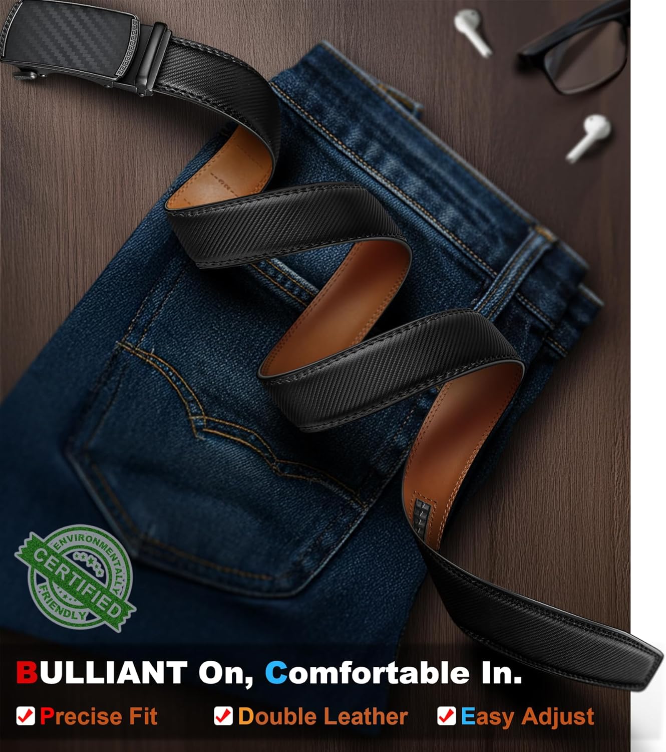 BULLIANT Men's Belt,Slide Ratchet Belt Adjsutable For Men Suit Casual Jeans Gift Boxed,Trim To Fit