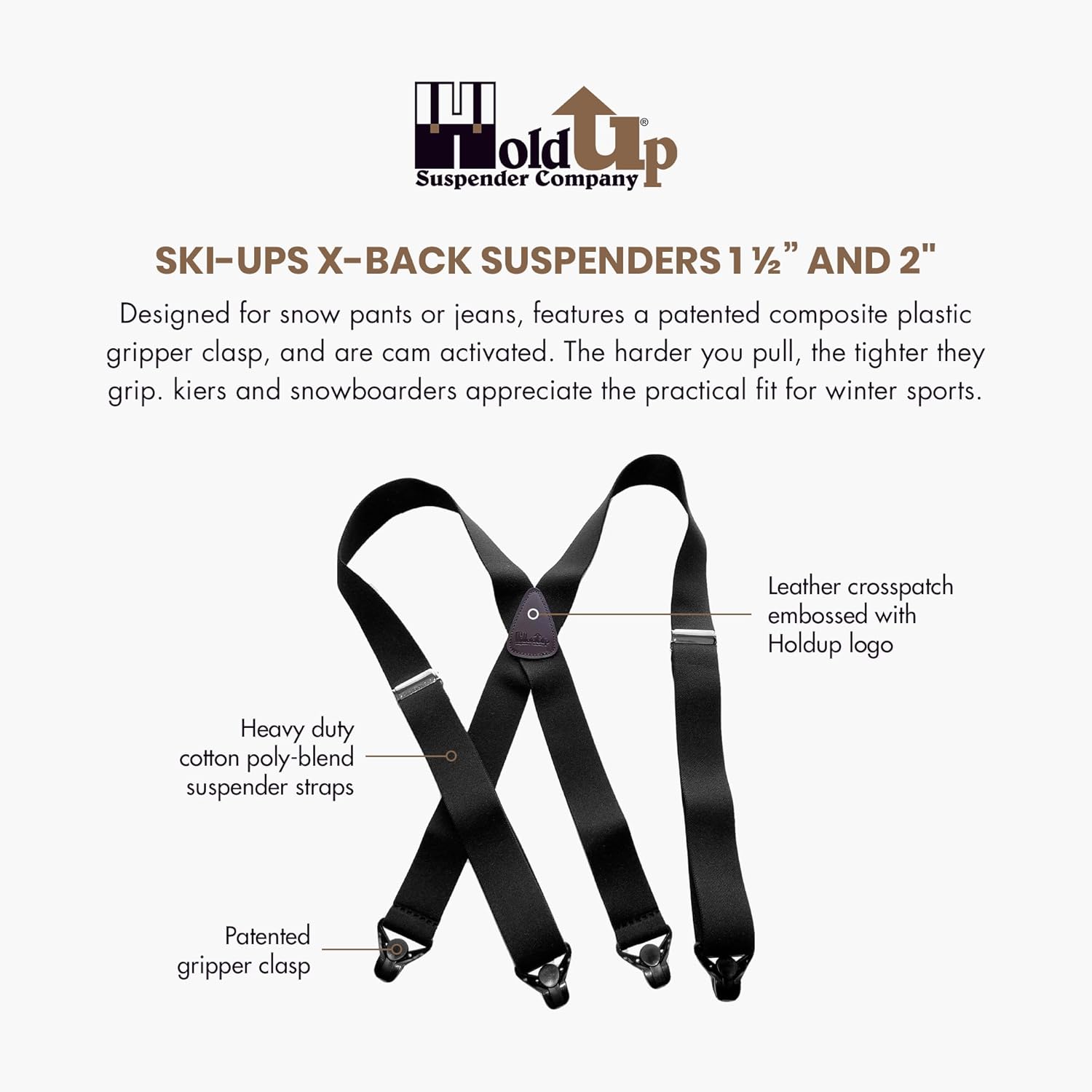 Hold Up Suspenders for Men - Ski Suspenders 1 1/2" - USA Patented Black Composite Plastic Heavy Duty Gripper Clasps
