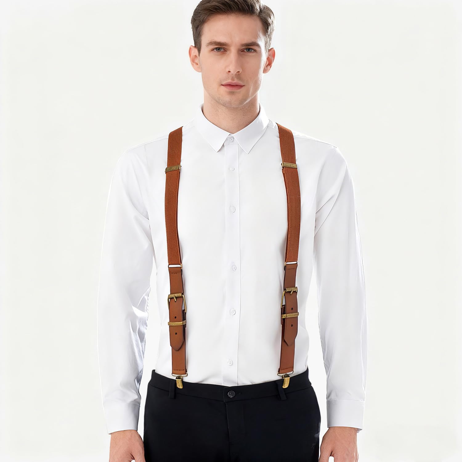 UPSONG Men's Y-Back 4 Metal Clip Elastic Suspenders Vintage Brown Braces Perfect For Both Casual&Formal - Image 5