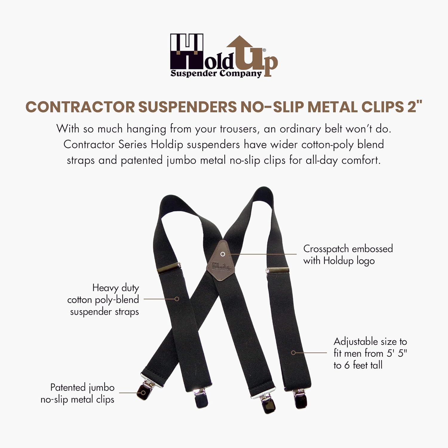 Holdup 2" Wide Contractor Suspenders for Men with Patented No-slip metal clip.