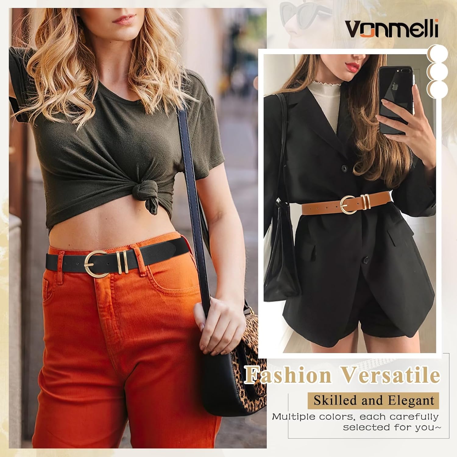 Alternative view of VONMELLI 2 Pack Women's Leather Belts for Jeans Dresses Fashion Gold Buckle Ladies Belt