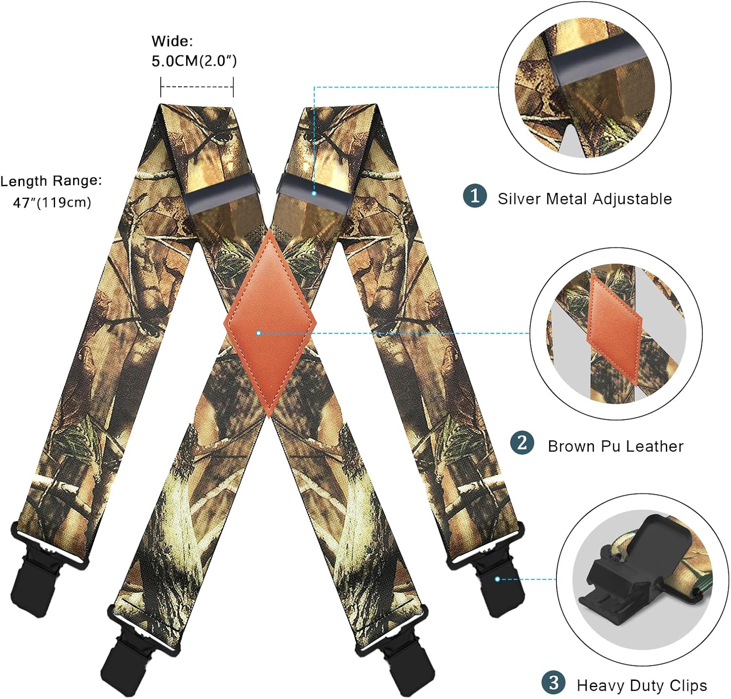 MENDENG Camo Suspenders for Men 2" Heavy Duty Clips - Adjustable X-Back Braces for Hunting and Daily Work