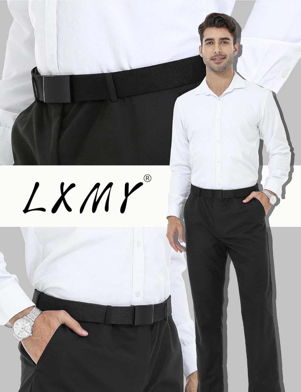 LXMY Mens Belt,Work Belts for Men,Mens Holeless Adjustable Canvas Web Cloth Fabric Belts,Black Casual Dress Business Belt - Image 5