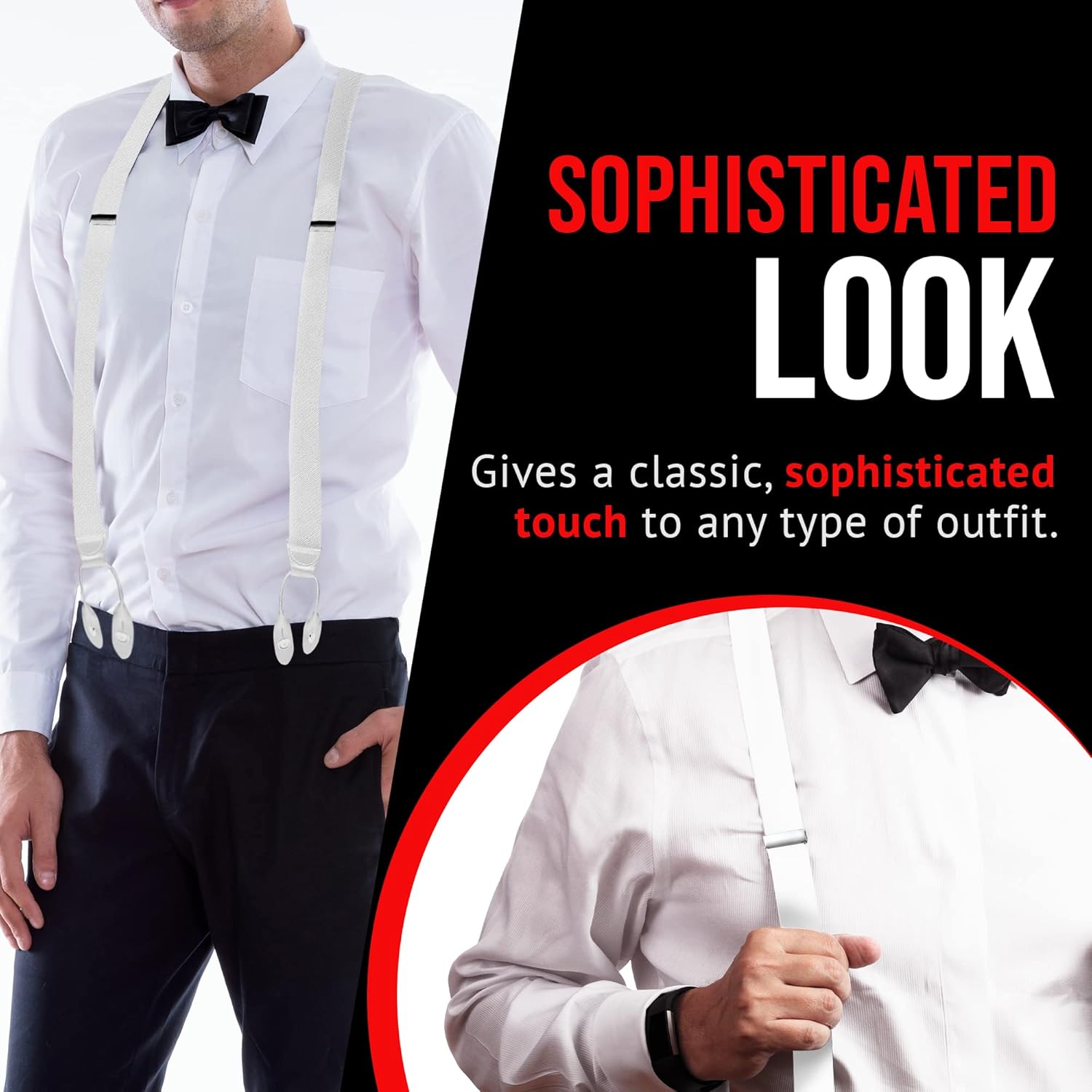 HOLD'EM Tuxedo Suspenders for Men Black Genuine Leather Button End 1.25 Inches Mens Braces Suspenders - Image 6