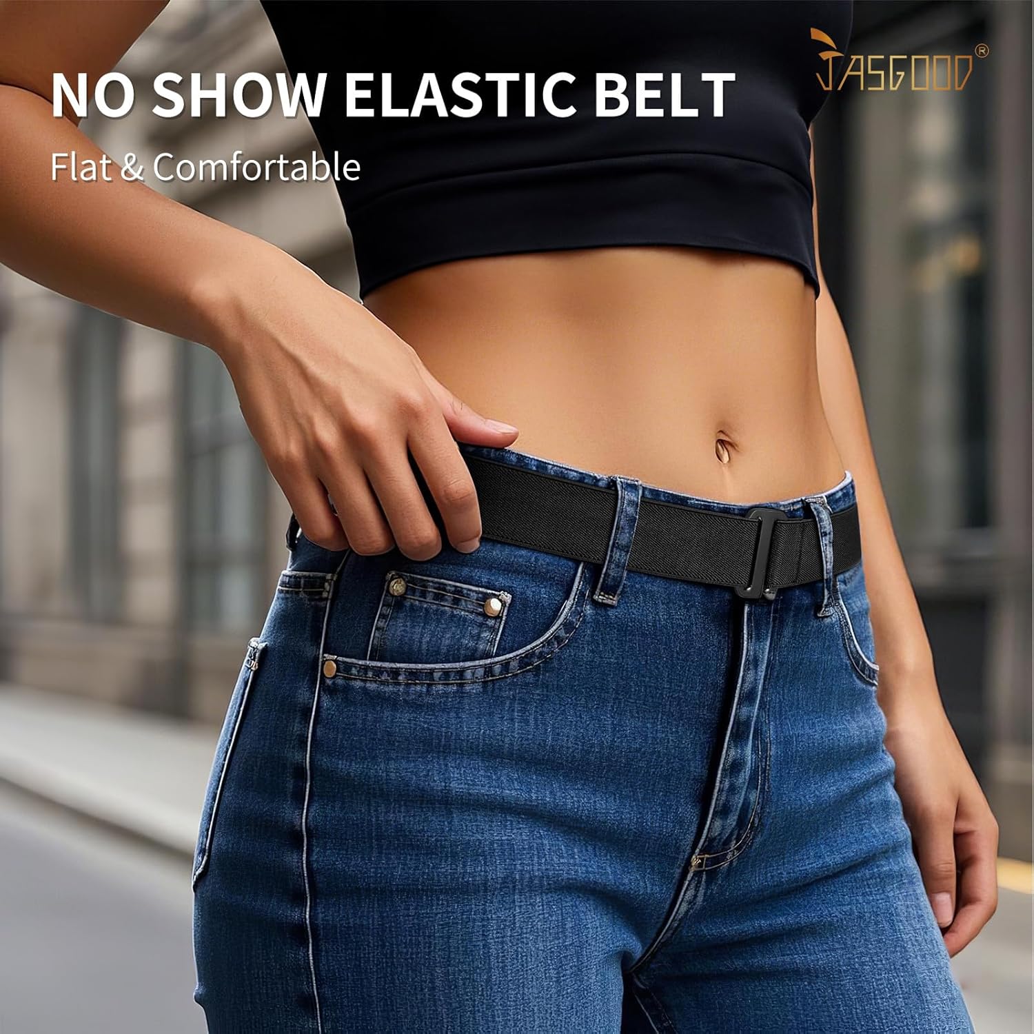 JASGOOD Women No Show Stretch Belt Elastic Web Strap Belt with Flat Buckle for Jeans Pants Dresses